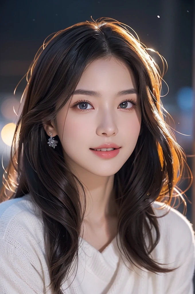 8K Ultra Resolution、Beautiful woman、One Woman、Dark Brown Hair:1.1、Ultra detailed face、Detailed lips、important、(Eyes are in focus)、double eyelid、Princess Eyes、Beautiful Japanese Women、Beautiful Japanese Woman、Sensual lips、Bewitching body、Bust size 82、8th class、Stand in a stimulating pose facing forward with a natural body and good balance between left and right.、Girlfriend in her 20s、(20-year-old)、sense of distance、nice smile、 Wear black-red-orange-light purple-fashionable and trendy long sleeve clothes and skirts,,、important(Detailed hand counts and shapes)、Sharp images、Detailed eye sparkle、Snow falling in the background、color々Hair style、Incredibly realistic and detailed snow、Snow piled up in the background、Ultra-realistic and detailed night view and Christmas,