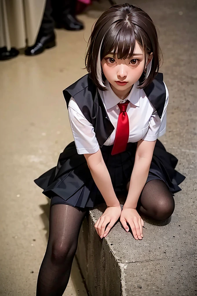 Woman wearing a black mini skirt, in Japan,Squat with your legs wide apart。Panties visible through mini skirt,Red fancy pants,look forward to,spread your legs in an M-shape,Very small breasts,Panties digging into pussy,Squat posture,Wearing boots,Black Pantyhose