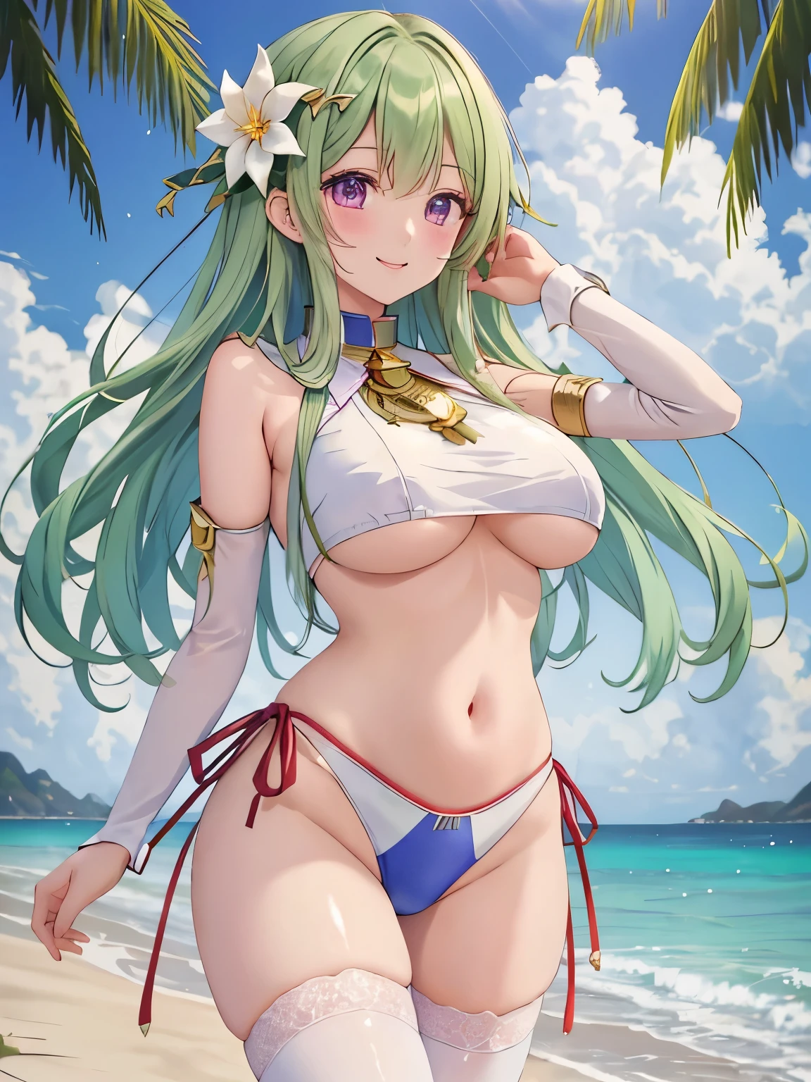 anime artwork best quality, masterpiece, highly detailed, ultra-detailed, score_9, score_8_up, score_7_up, score_6_up, source_anime, BREAK, trending on danbooru, pixiv, artstation, cgsociety, ,by goma_satoshi,, Ludwig Mies van der Rohe . anime style, key visual, vibrant, studio anime, highly detailed, 1girl, absurdres, ass_visible_through_thighs, beach, breasts, brown_hair, cloud, collar, collarbone, colored_inner_hair, commentary, day, flower, goddess_of_victory:_nikke, green_hair, guilty_(nikke), guilty_(wave_of_disbelief)_(nikke), haganef, hair_behind_ear, hair_between_eyes, hair_flower, hair_ornament, highres, huge_breasts, island, leaf_hair_ornament, long_hair, looking_at_viewer, multicolored_hair, ocean, official_alternate_costume, outdoors, purple_eyes, single_thighhigh, sky, slingshot_swimsuit, smile, solo, straight-on, swimsuit, thighhighs, very_long_hair, water, white_flower, white_slingshot_swimsuit, white_thighhighs; safe, best quality, masterpiece, highly detailed, ultra-detailed, score_9, score_8_up, score_7_up, score_6_up, source_anime, BREAK, trending on danbooru, pixiv, artstation, cgsociety,,by goma_satoshi,, Ludwig Mies van der Rohe, cute cool color balanced perfect composition, glowing rich colors, amazing deep aesthetic, very inspirational, fine detail, full intricate stunning great light, striking beautiful epic, cinematic, winning scenic, best, ambient, artistic, sharp, fantastic, lovely grand surreal inspired, sweet wonderful atmosphere, pure brilliant, coherent, flourishing, pretty, complex, iconic, colorful, open background