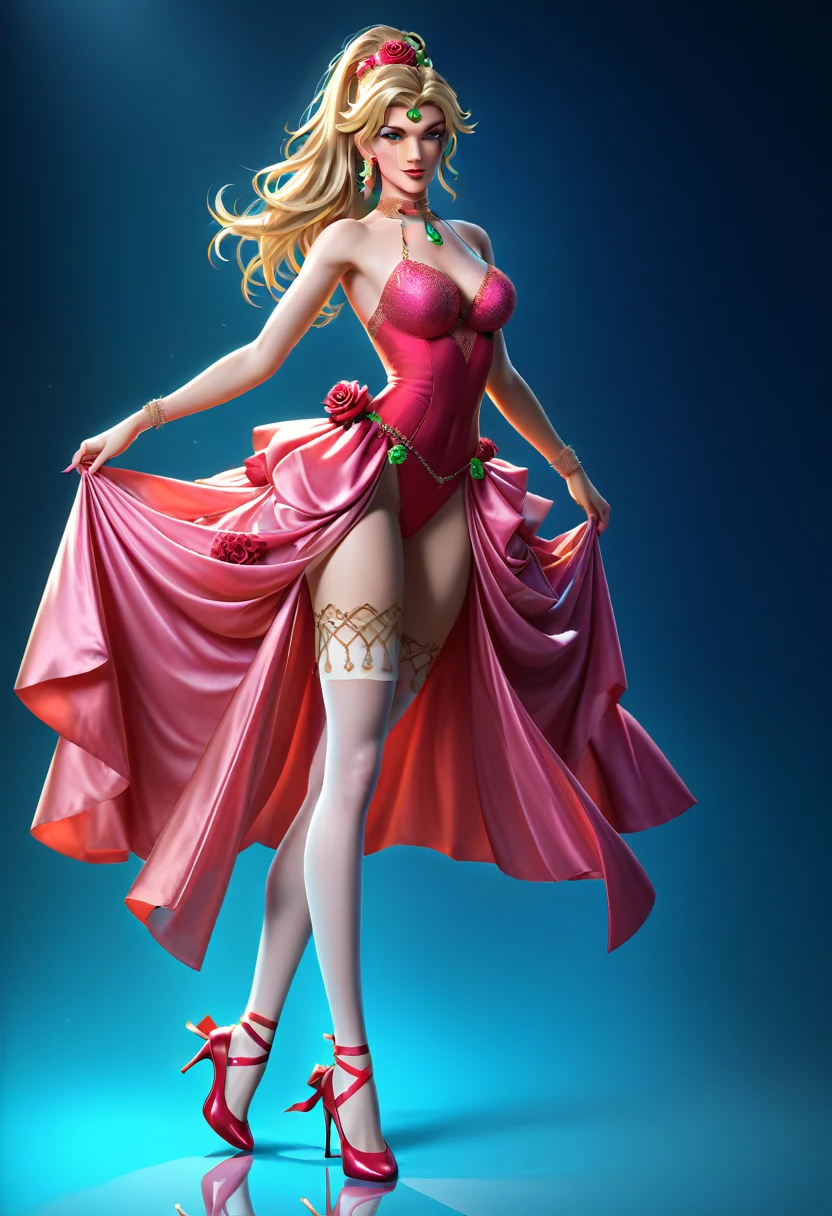 a portrait of female classical ballet prima ballerina dancer in the ((middle of blossoming rose: 1.5)), a full body picture ((anatomically correct: 1.5)) of a exquisite beautiful female dancer wearing silk evening dress, intricate dress dynamic hair color, dynamic hair style, dynamic skin complexion, wearing ballet shoes, wearing thigh highs, she is standing in the middle of a magnificent, epic rose, she stands in the middle of the flower, dynamic background, vibrant, Ultra-high resolution, High Contrast, (masterpiece:1.5), highest quality, Best aesthetics), best details, best quality, highres, 16k, (ultra detailed: 1.5), masterpiece, best quality, (extremely detailed) RAW, (ultra details, Masterpiece, best quality), Cinematic Hollywood Film, artxldnc,
