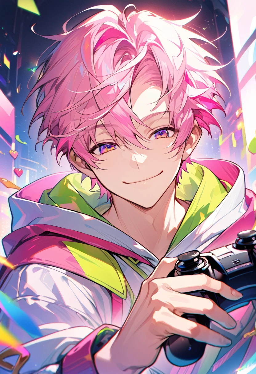 amazing, alone, 1 male, super short hair, pink hair, Smiling face, (Hood), (((eyes of joy))), (((Mysterious smile))), (((closed mouth))), Gamepad in hand, bust