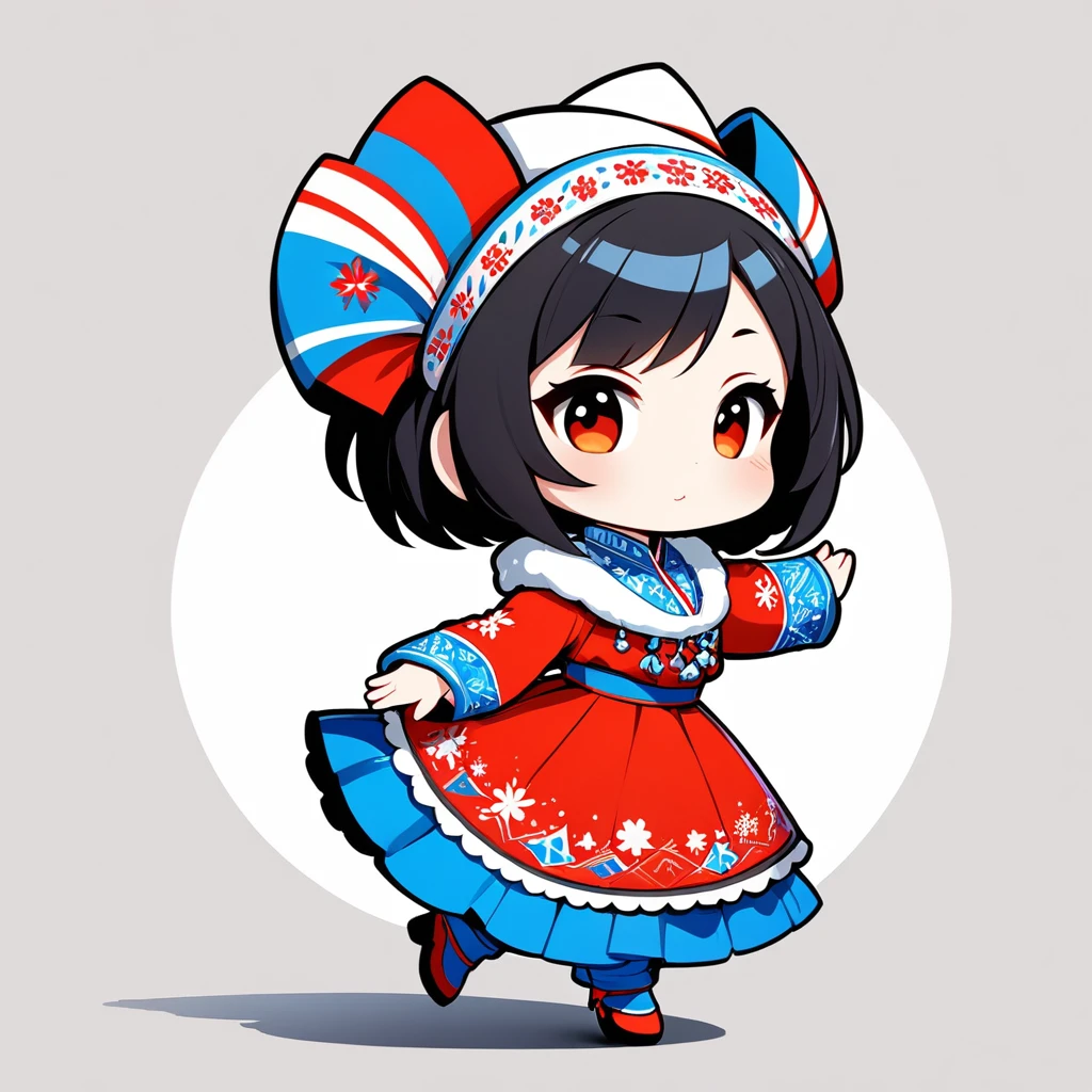ultra-small deformation, Chibi Cute, 1girl, solo, full body, dance in Russian national costumes, kokoshniks, winter, High contrast and vivid color, simple background