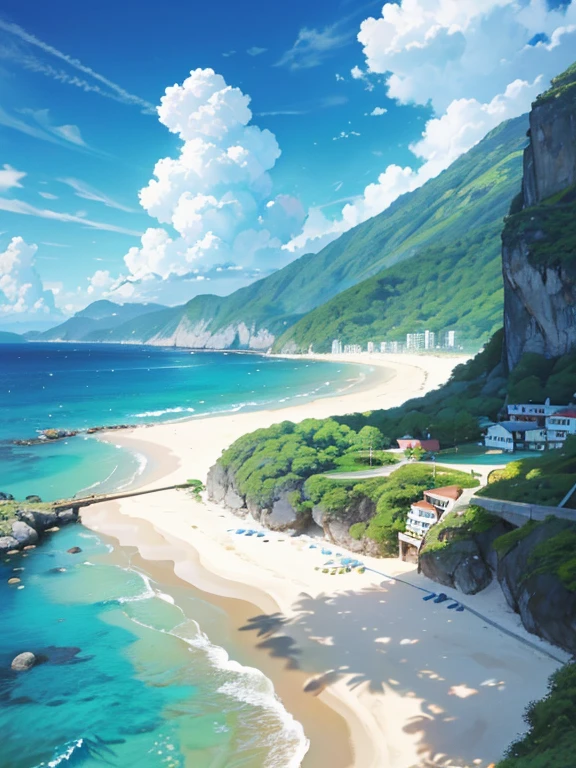 (absurdres, highres, ultra detailed) beach, shoreline, bluegreen water, ocean, seashells, island, blue skies, sunny day, white fluffy clouds