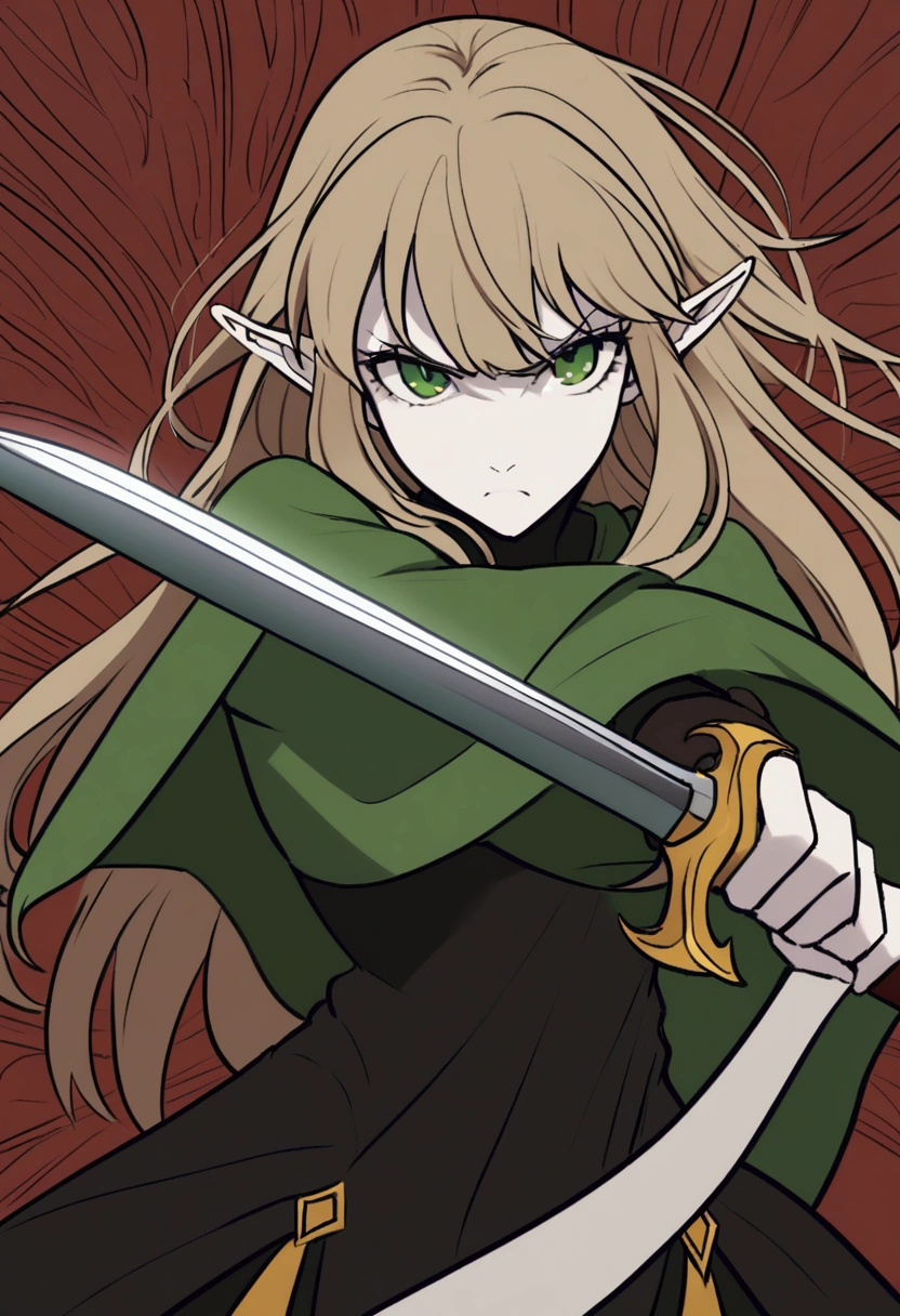 Young elven woman, pale skin, brown hair, green eyes, black clothes, small, dark fantasy, long ears, bladedancer, pissed, holding a sword, fighting, blood staina