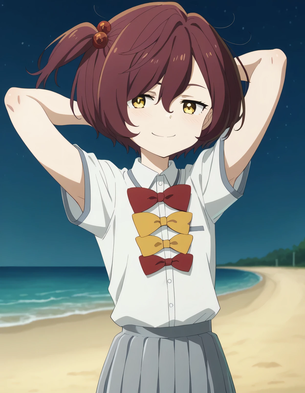 chika komari, short hair, bangs, brown hair, hair ornament, hair between eyes, side ponytail, one side up, hair bobbles, yellow eyes, skirt, shirt, bow, school uniform, white shirt, short sleeves, pleated skirt, bowtie, yellow bow, grey skirt, yellow bowtie, red bow, red bowtie, high quality, night sky, beach, closed mouth, looking at viewer, smile, showing armpit, looking at viewer, solo, (contrapposto), spread armpit, arms behind head, smile, cowboy shot,