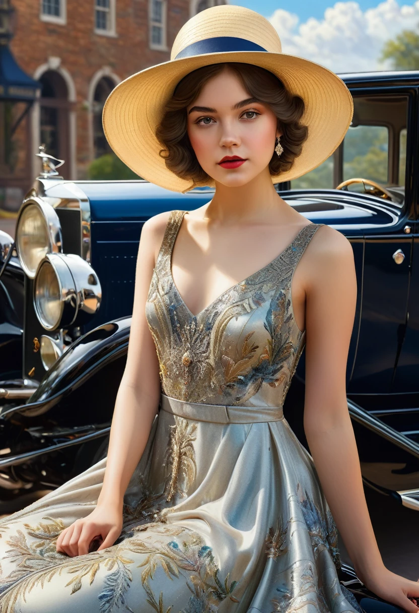 gorgeous, beautiful 19 year old girl in a beautiful dress and hat, near a shiny car from the 1920s, oil painting art, 4K, 3D rendering, evolution, intricate details, masterpiece, hyperrealism