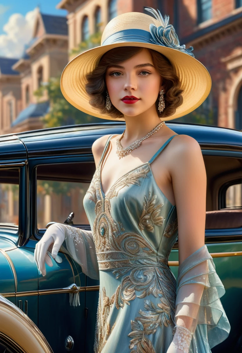 gorgeous, beautiful 19 year old girl in a beautiful dress and hat, near a shiny car from the 1920s, oil painting art, 4K, 3D rendering, evolution, intricate details, masterpiece, hyperrealism