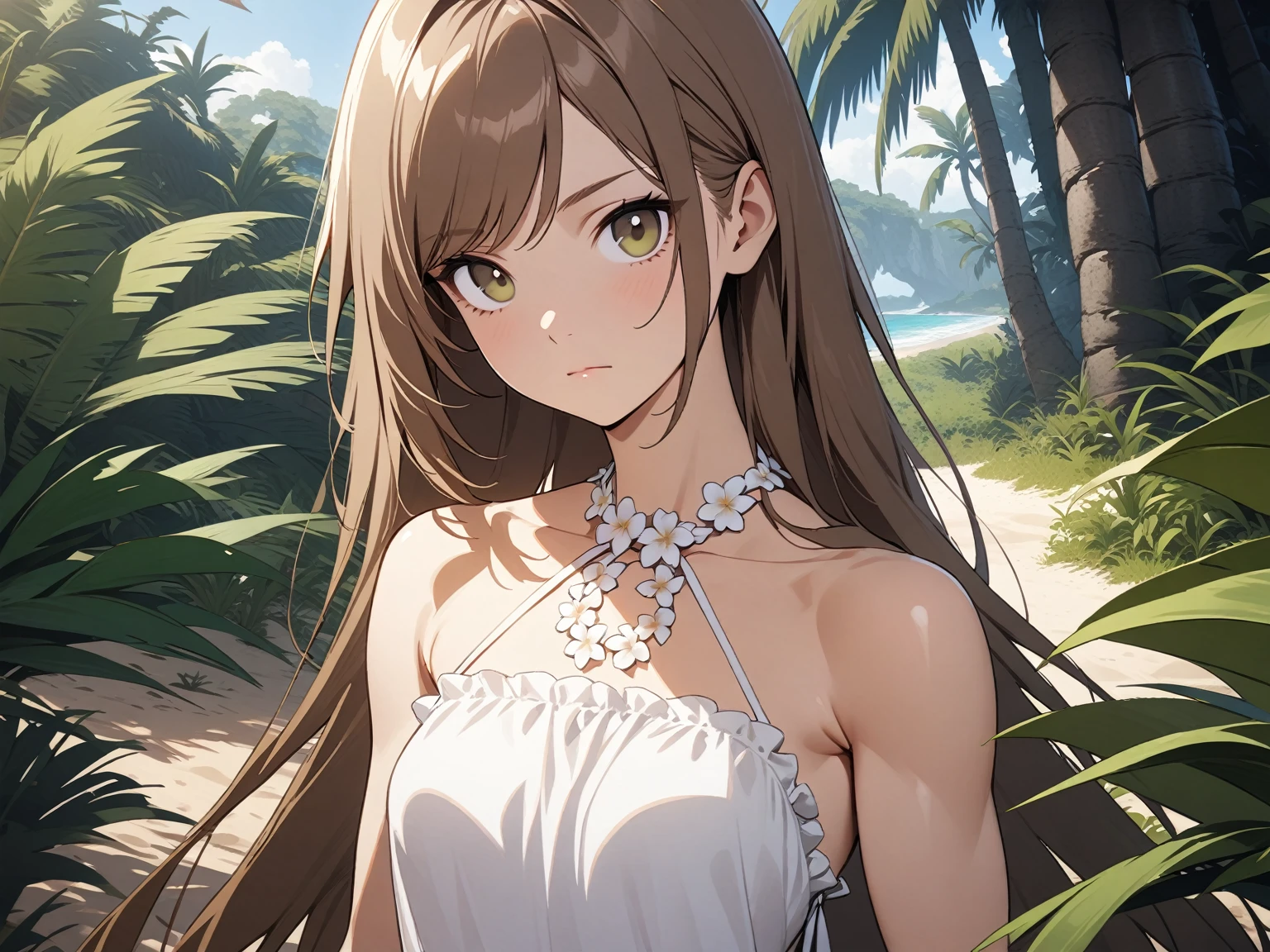 Close up, 1girl, solo, toned female, small breasts, brown hair, swept bangs, very long hair, brown eyes, floral halter neck backless sundress, leather boots, closed mouth, outdoors, sand, tropical plants, grass, tree, looking at viewer, standing, holding dagger, day, medieval fantasy.