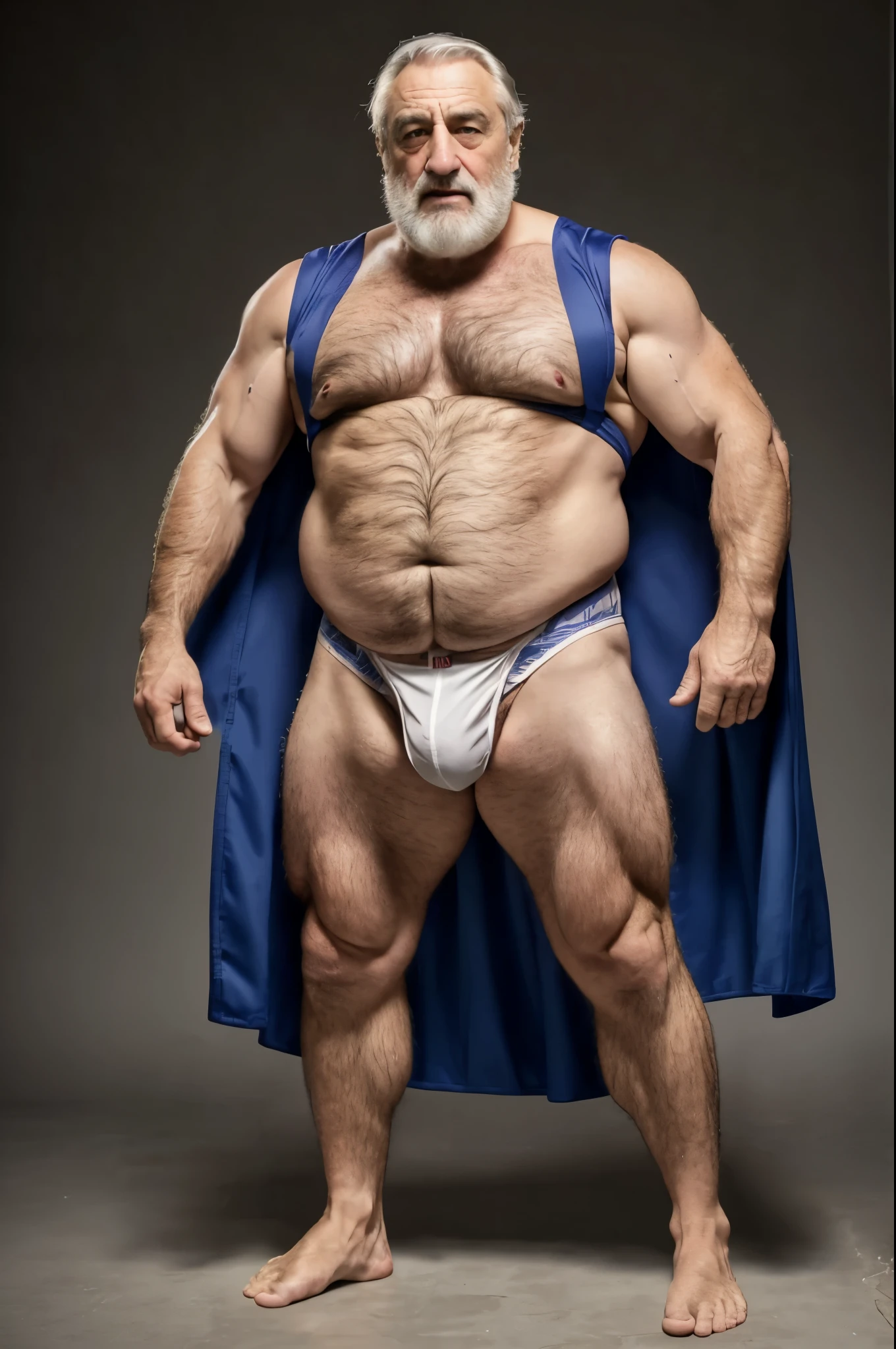 full body portrait, standing, superhero, robert de niro, mature old man, grandpa, daddy, silverdad, virile, tough, bulging, stocky, fat, massive feet, (hairy), (white body hair), pale skin, sweaty, dickprint bulge, (micro thong lingerie), uniform, eye mask, torn clothes