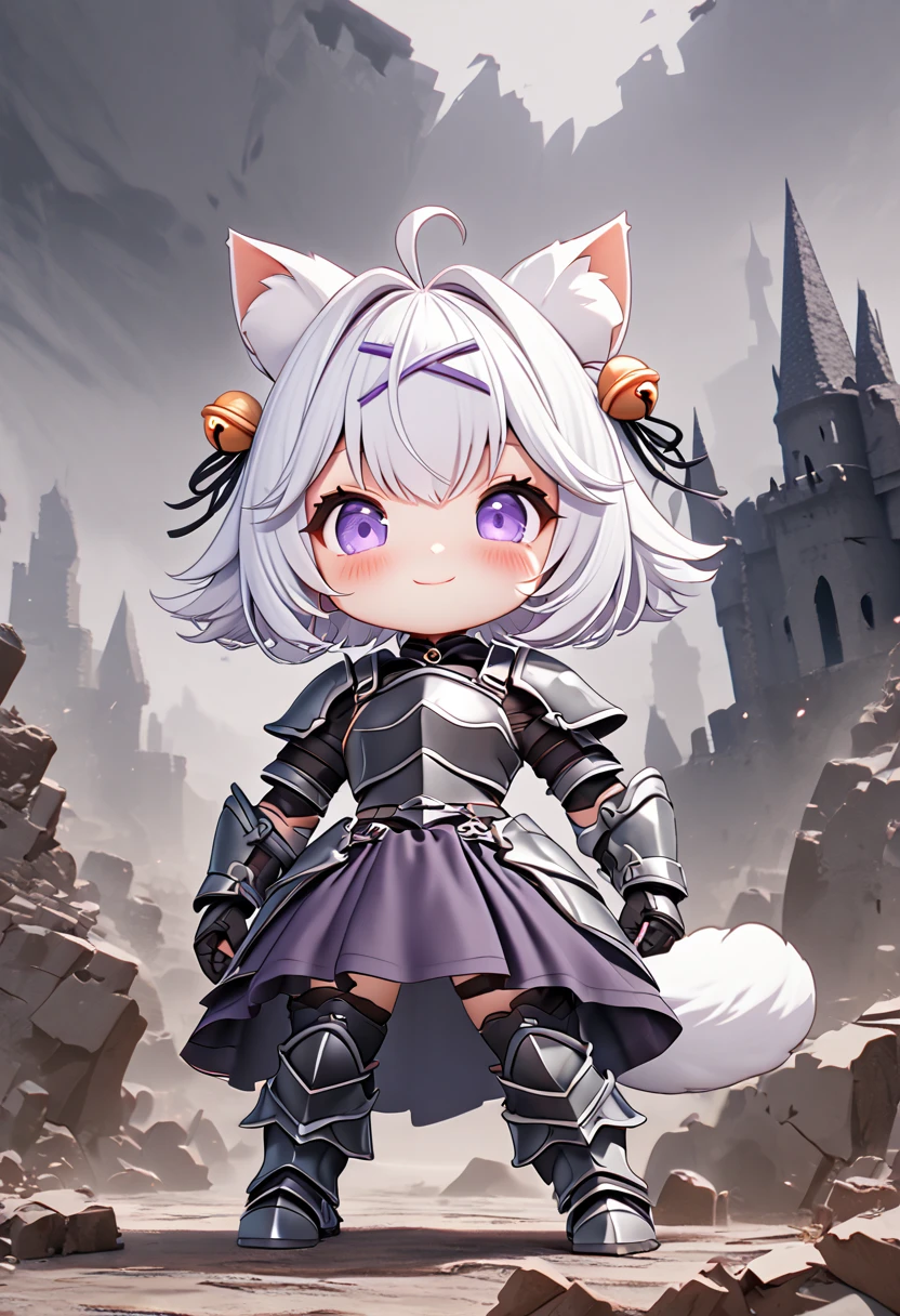 master piece, best quality, ultra-detailed, illustration, 1girl, solo, chibi, (big head), cute pose, front view, looking at viewer, ((full body Close up)), Filiansailor, (purple hairclip:1.5), (hair bell:1.5), white hair, short hair, cat ears, ahoge, purple eyes, blush, smiling, fluffy tail, black knight armor, metal breastplate, black gauntlet, armored skirt, metal greaves, armored boots, battlefield background, gloomy atmosphere, broken castle, broken walls, broken windows