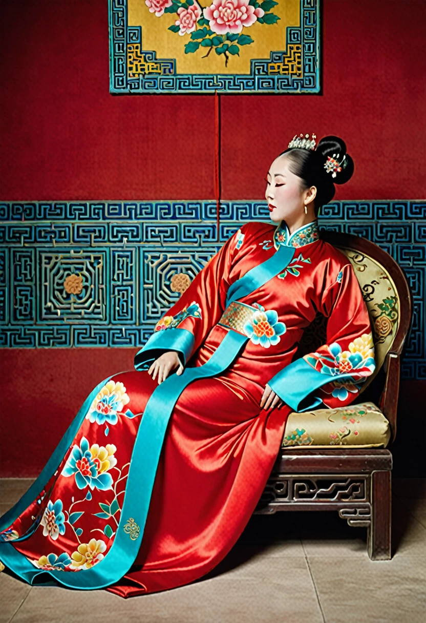 A side view of a Chinese empress, relaxing with her large buttocks sticking out and her legs stretched out. An angle of her buttocks from below. The background is a room in a Chinese palace during the Qing dynasty. She is sleeping in red Hanfu with only her large buttocks sticking out. She is either wearing underwear or not, and her protruding buttocks are floating up.　　　　　　　　　　　　　　　　　　　　　　　　　　　　　　 Her hair is decorated with a large, flashy flower.　 The back of the hair is tied up and up.
