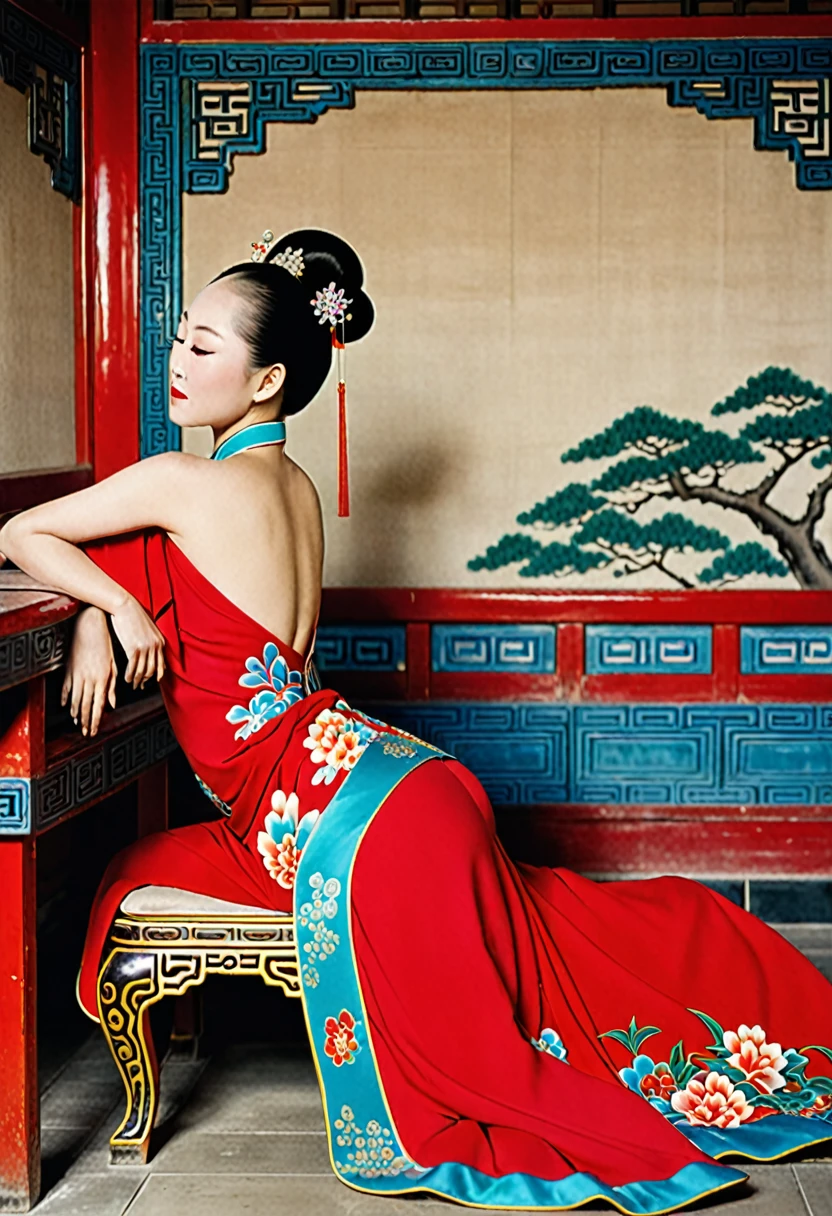A side view of a Chinese empress, relaxing with her large buttocks sticking out and her legs stretched out. An angle of her buttocks from below. The background is a room in a Chinese palace during the Qing dynasty. She is sleeping in red Hanfu with only her large buttocks sticking out. She is either wearing underwear or not, and her protruding buttocks are floating up.　　　　　　　　　　　　　　　　　　　　　　　　　　　　　　 Her hair is decorated with a large, flashy flower.　 The back of the hair is tied up and up.