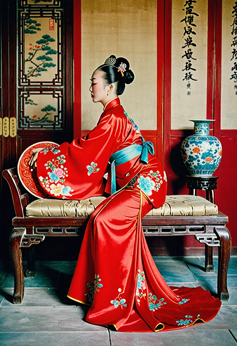 A side view of a Chinese empress, relaxing with her large buttocks sticking out and her legs stretched out. An angle of her buttocks from below. The background is a room in a Chinese palace during the Qing dynasty. She is sleeping in red Hanfu with only her large buttocks sticking out. She is either wearing underwear or not, and her protruding buttocks are floating up. Her hair is decorated with a large, flashy flower. The back of the hair is tied up and up.