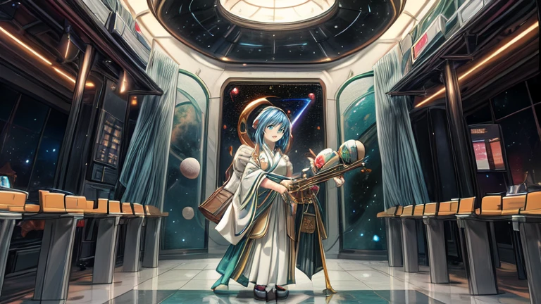 A girl around 13 years old, wearing Japanese clothing with a slightly mature and active air about her, with medium-long ash blue hair and beautiful jade-colored almond eyes, and about 125cm tall. A spaceport lobby, a transit port to outer space. There are a moderate number of people in the back, with a check-in counter in the far right and a planet visible beyond the window on the left. She is pulling a cart to go on a trip and standing there gazing out the window.