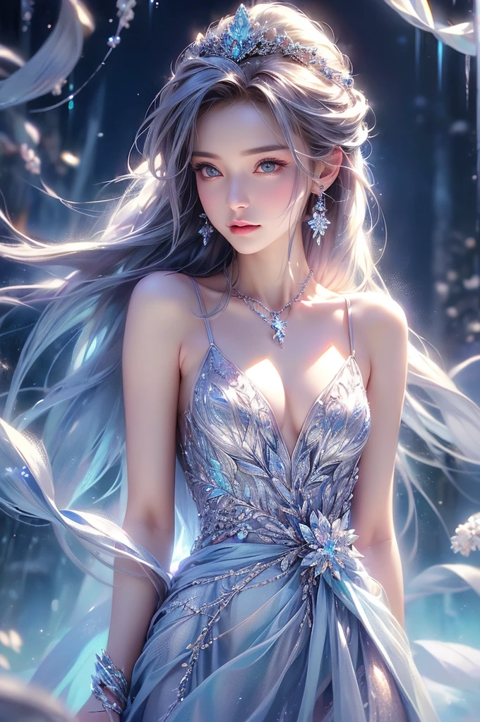 (Upper body photo:1.5)、dutch angle. wood, Exquisite mini ice spikes and crystals, A frozen waterfall in the background, Light reflected by ice crystals, Flowing snowflakes.1 girl、pretty girl,A realistic person,Beautiful cleavage,((small breasts)),Thin legs、Tight waist、standing, Long dress