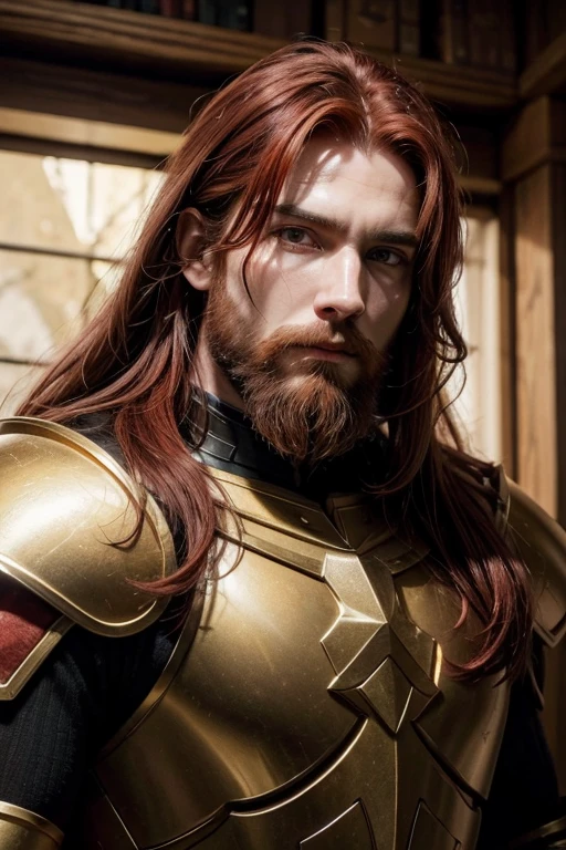 man, thin beard, red-haired, long hair, wearing a golden armor with black details, 8k, epic lighting, best quality