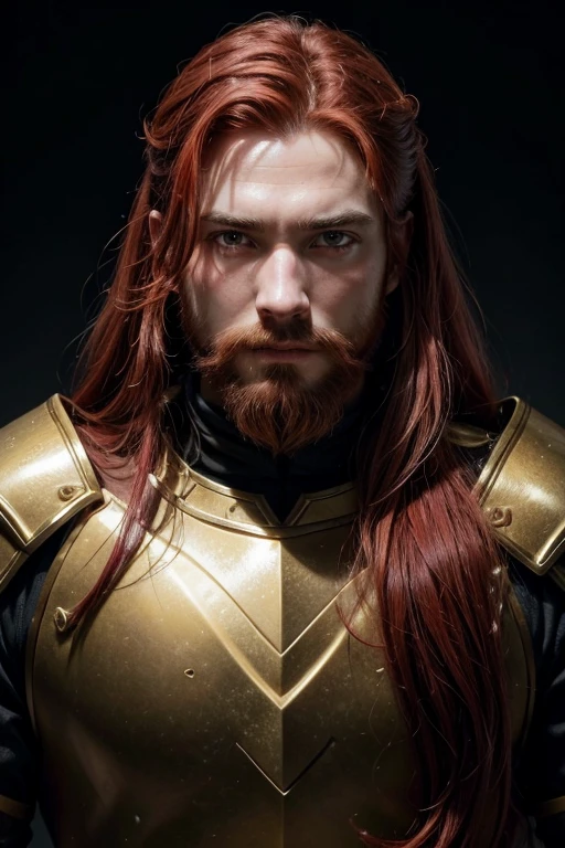 man, thin beard, red-haired, long hair, wearing a golden armor with black details, 8k, epic lighting, best quality