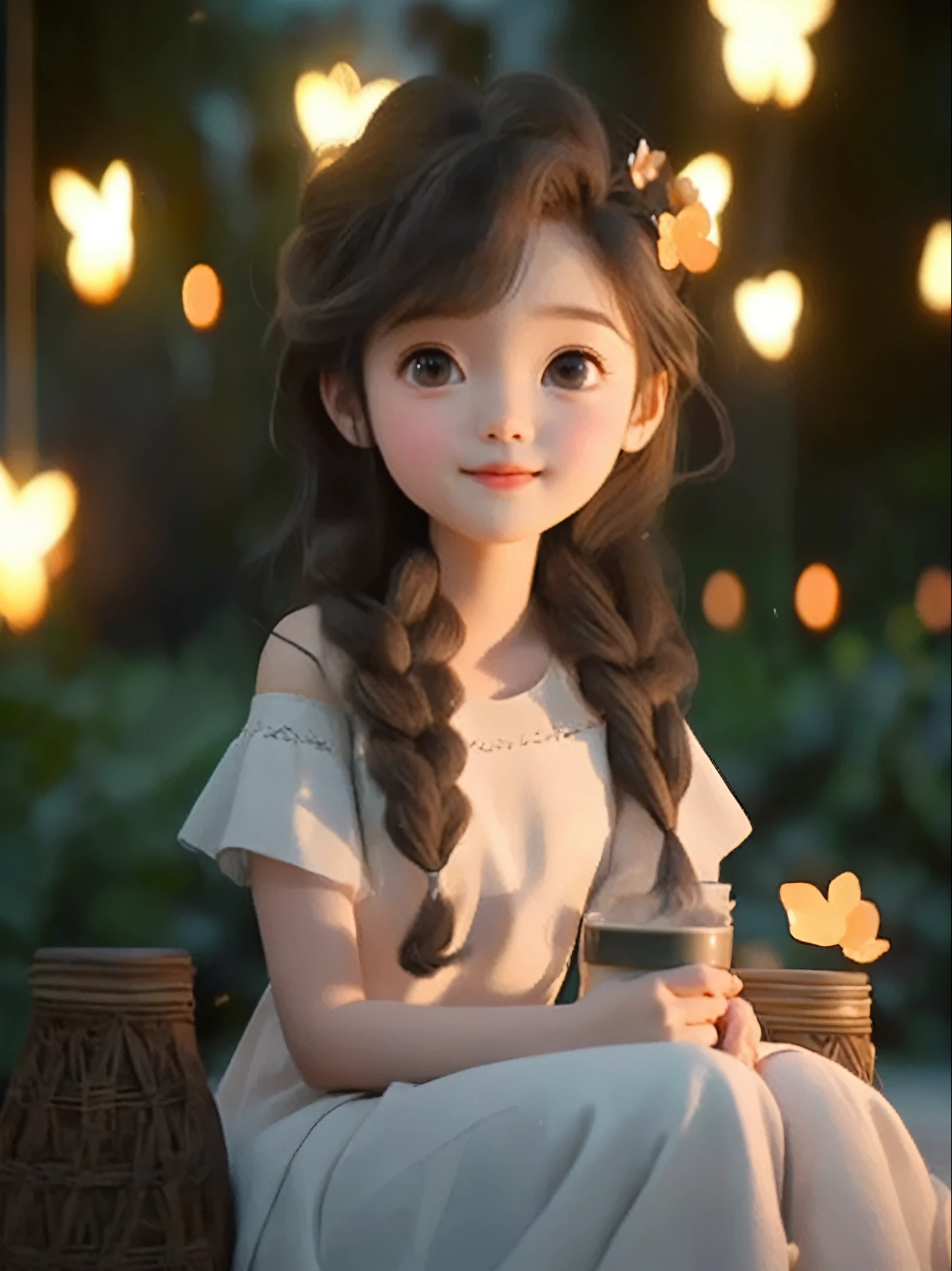 A long-haired girl sitting on a bench，Holding a cup in hand, cute细致的数字艺术, cute的数字艺术, cute卡通 character, cute的肖像, cute卡通, cute的角色, Soft portrait shots 8 k, cute的数字, cute的 3d 渲染, cute, cute的动漫女孩, cute美丽, Beautiful soft lighting, cute, cute的卡哇伊女孩