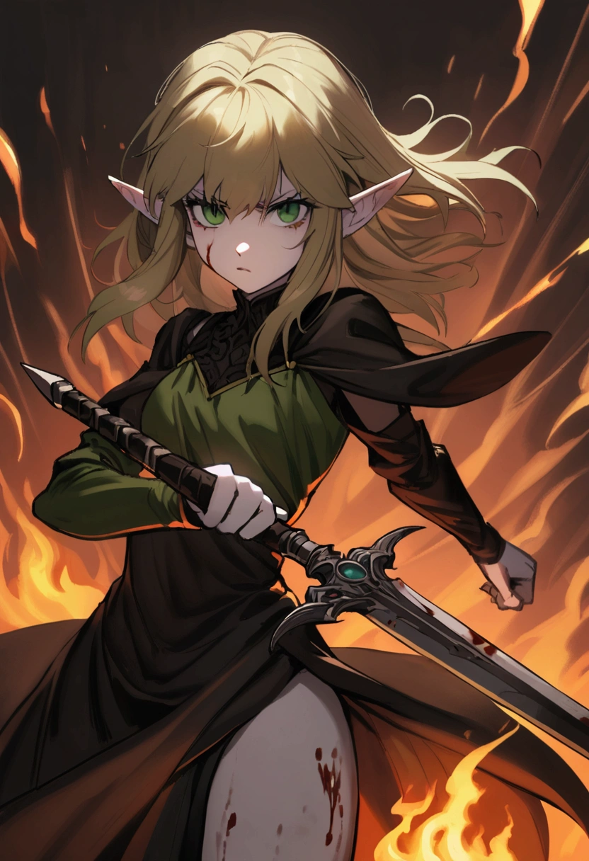 Young elven woman, pale skin, brown hair, green eyes, black clothes, small, dark fantasy, long ears, bladedancer, pissed, holding a sword, fighting, blood staina