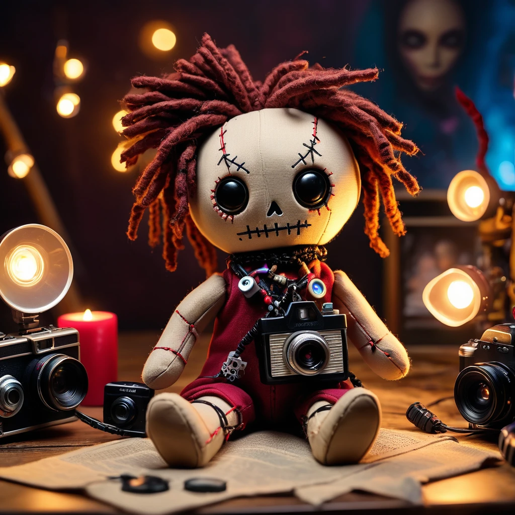 (knitted toy voodoo doll:1.7), (Voodoo at a city photo studio with animated cameras:1.3), (Clothing: tattered photographer attire with mystical symbols:1.0), (Accessories: miniature glowing cameras, tiny floating photos, small enchanted tripods:1.2), (background: artistic photo studio with flickering lights and glowing magical cameras, ethereal light illuminating the scene:1.2), best quality, masterpiece, detailed soft oil painting, detailed background, dramatic cinematic lighting, soft edge lighting, professional, dramatic lighting, hard edge lighting, ultra quality, 4k, masterpiece, best quality, 8k, ultra high definition, high resolution, extremely detailed