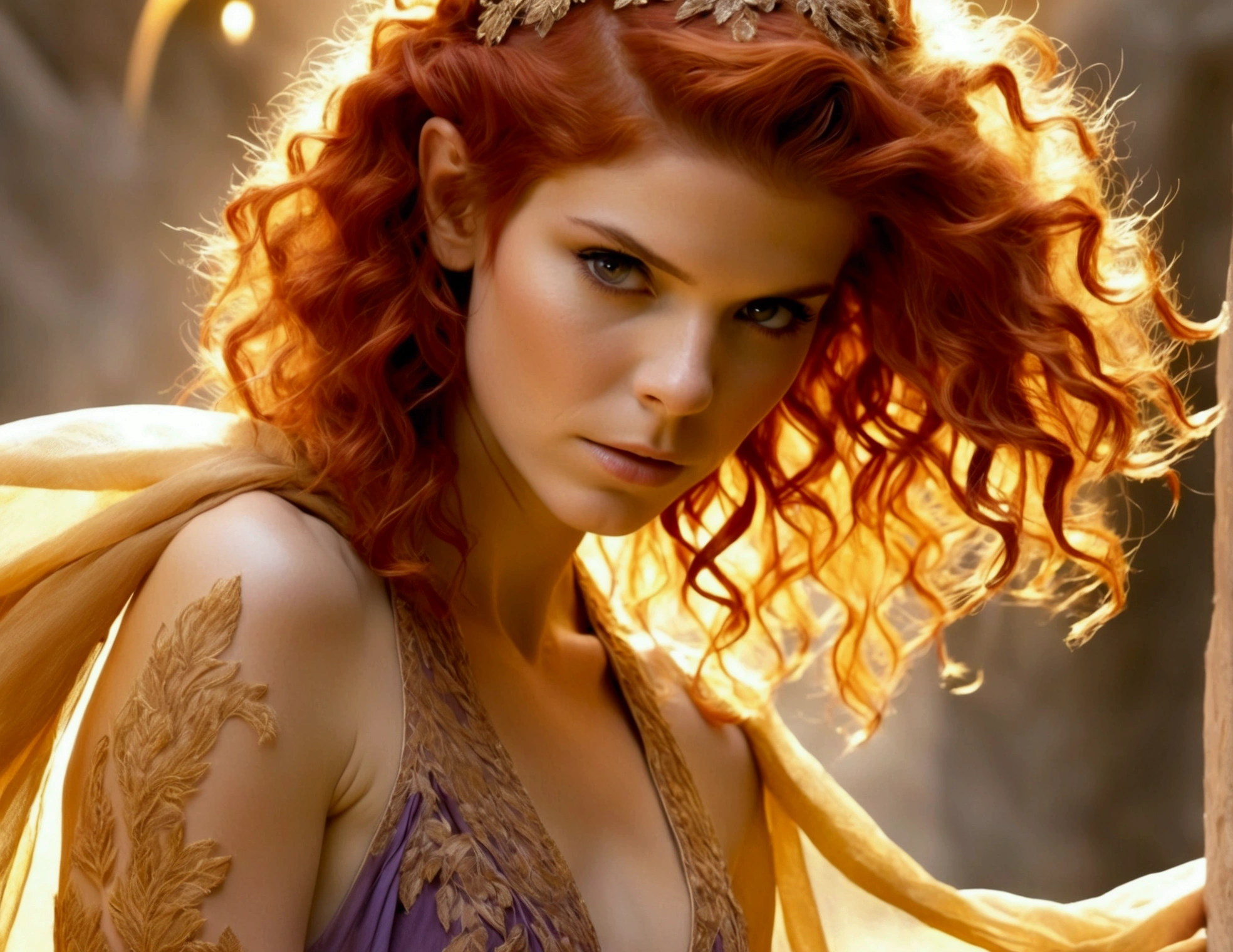 Kate Mara, age 25 (sun elf, almond skin, fire red hair curly, over large violet eyes, sheer golden silk gown with intricate embroidery, no underwear) doing a ritual dance to greet the sun, ivy covered shrine