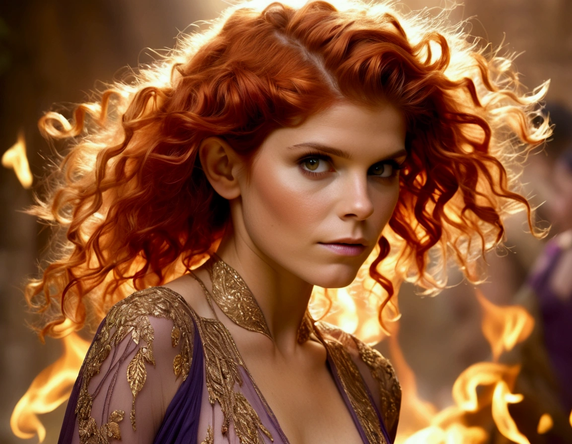 Kate Mara, age 25 (sun elf, almond skin, fire red hair curly, over large violet eyes, sheer golden silk gown with intricate embroidery, no underwear) doing a ritual dance to greet the sun, ivy covered shrine