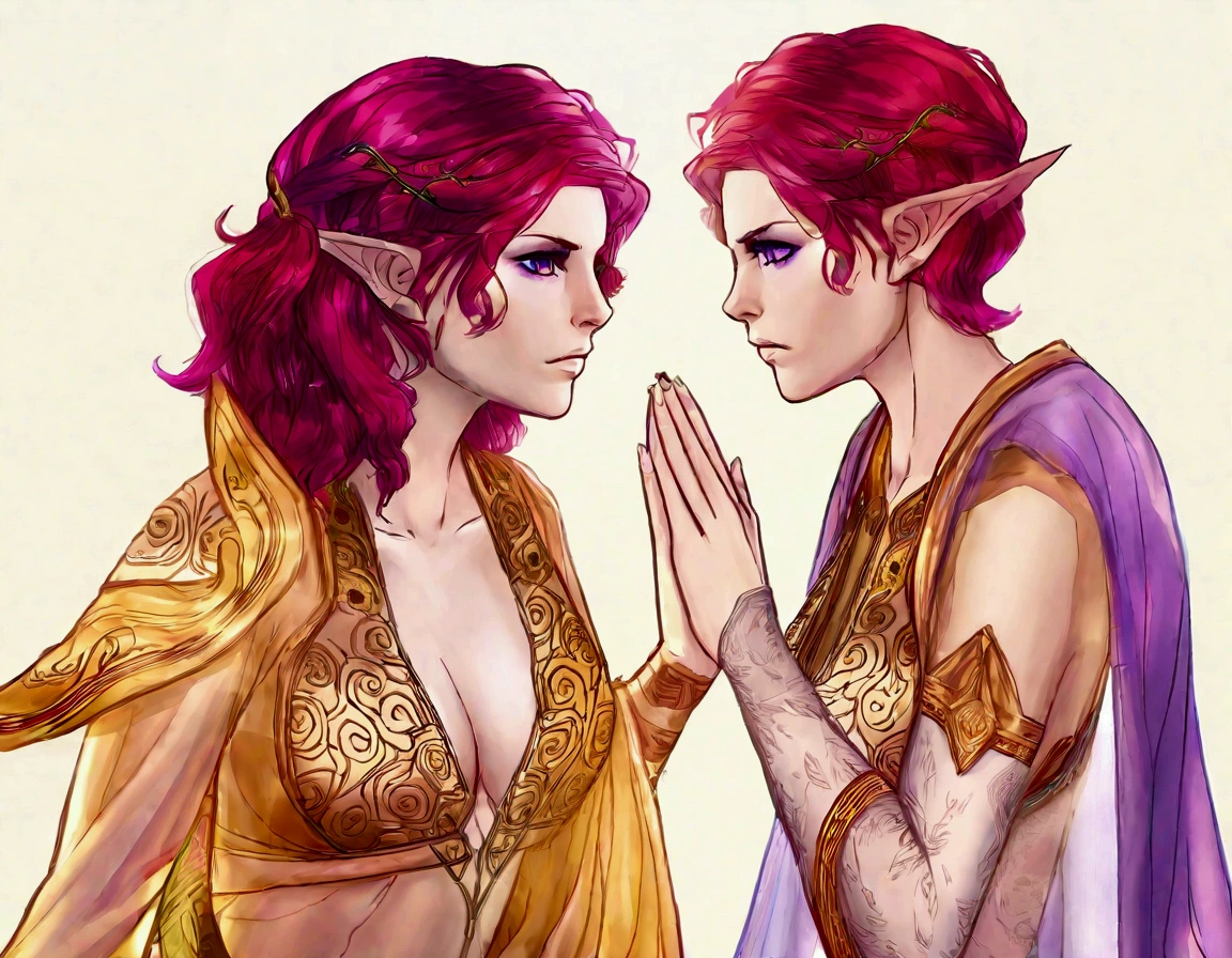 Kate Mara, age 25 (sun elf, almond skin, fire red hair curly, over large violet eyes, sheer golden silk gown with intricate embroidery, no underwear) doing a ritual dance to greet the sun, ivy covered shrine
