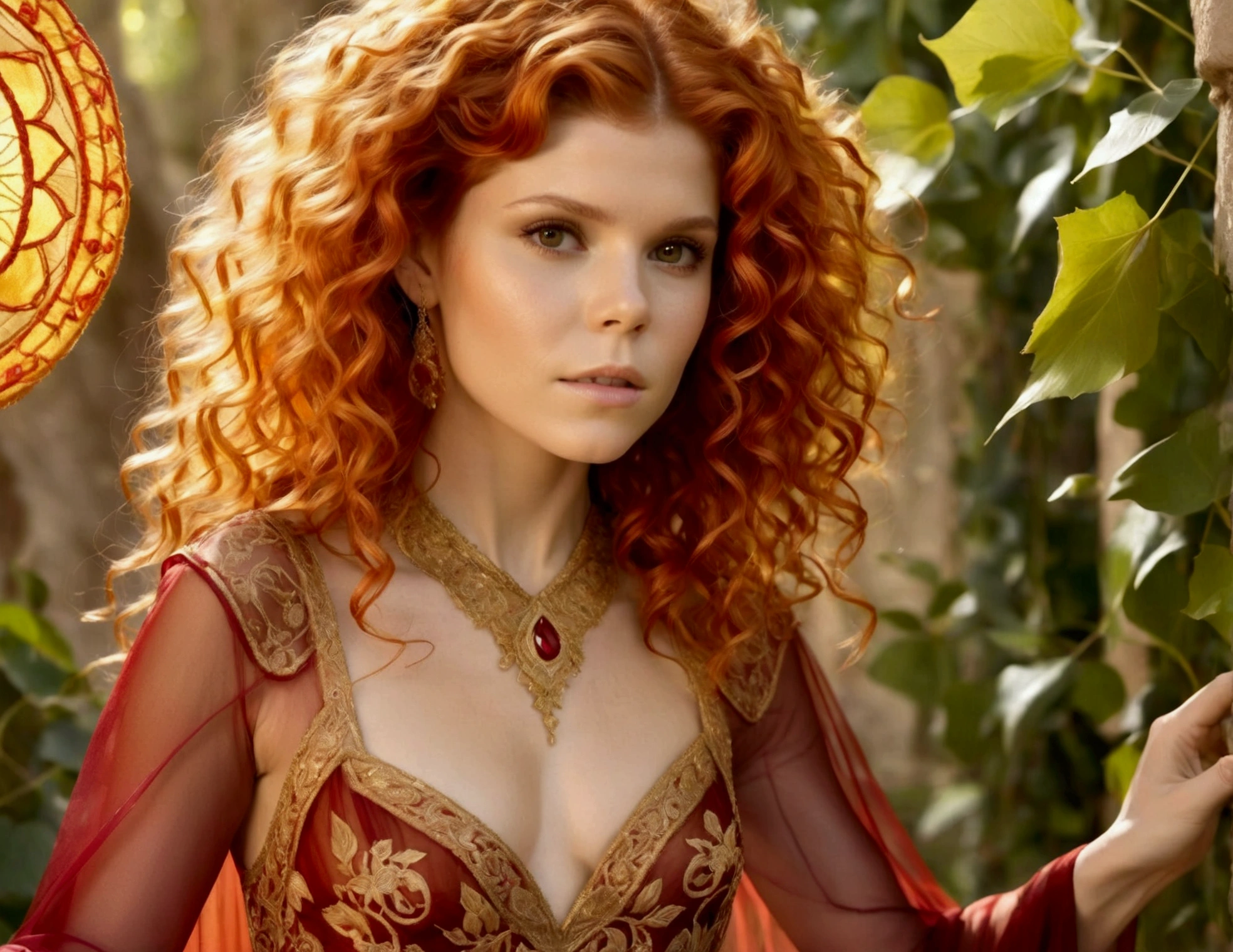 Kate Mara, age 25 (sun elf, almond skin, fire red hair curly, over large violet eyes, sheer golden silk gown with intricate embroidery, no underwear) doing a ritual dance to greet the sun, ivy covered shrine
