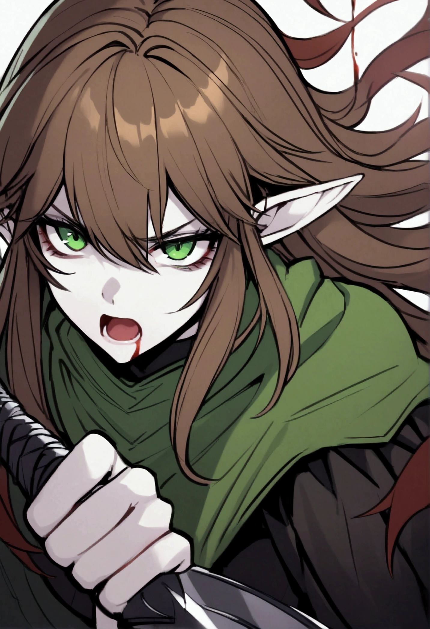 Young elven woman, pale skin, brown hair, green eyes, black clothes, small, dark fantasy, long ears, bladedancer, pissed, holding a sword, fighting, blood staina