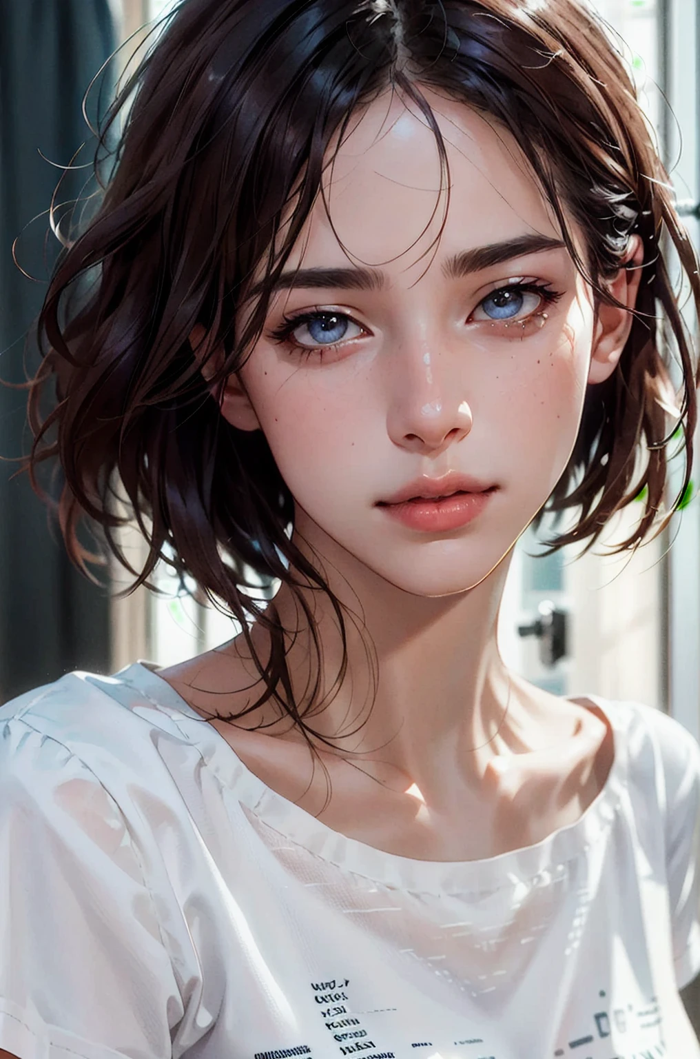 styles(Short Bob Cut Hair、Wavy)、(photoRealstic:1.4)、(hyper realisitic:1.4)、(Realistic:1.3)、(Smooth lighting:1.05)、(Improved cinematic lighting quality:0.9)、32 k、1girl in、20 years girl、Realistic lighting、Back lighting、Facial Lights、Ray tracing、(brightened light:1.2)、(Quality Improvement:1.4)、(Realistic textured skin of the highest quality:1.4)、fine detailed eyes、A detailed face、Fine quality eye、(Tired, sleepy and satisfied: 0.0)、Face Close-up、tshirts、(enhance the atmosphere of body line:1.1)、
