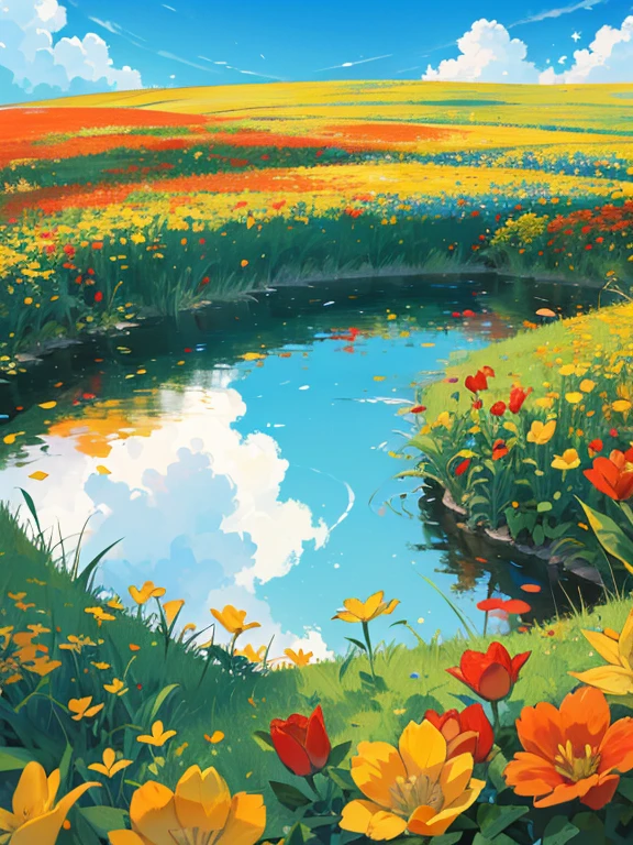 (absurdres, highres, ultra detailed) worm's eye view of flower beds, blue sky, white fluffy clouds, yellow, red, orange flowers, green leaves and stems