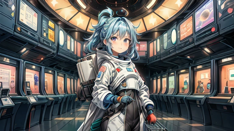 A girl around , a little more mature, active and wearing pop clothing, medium-long ash blue hair, beautiful jade-colored almond eyes, about 125cm tall, a spaceport lobby that is a transit port to outer space, there are a moderate number of people in the back, there is a check-in counter in the far right, and a planet can be seen beyond the window on the left, she is pulling a cart to go on a trip, standing there gazing out the window
