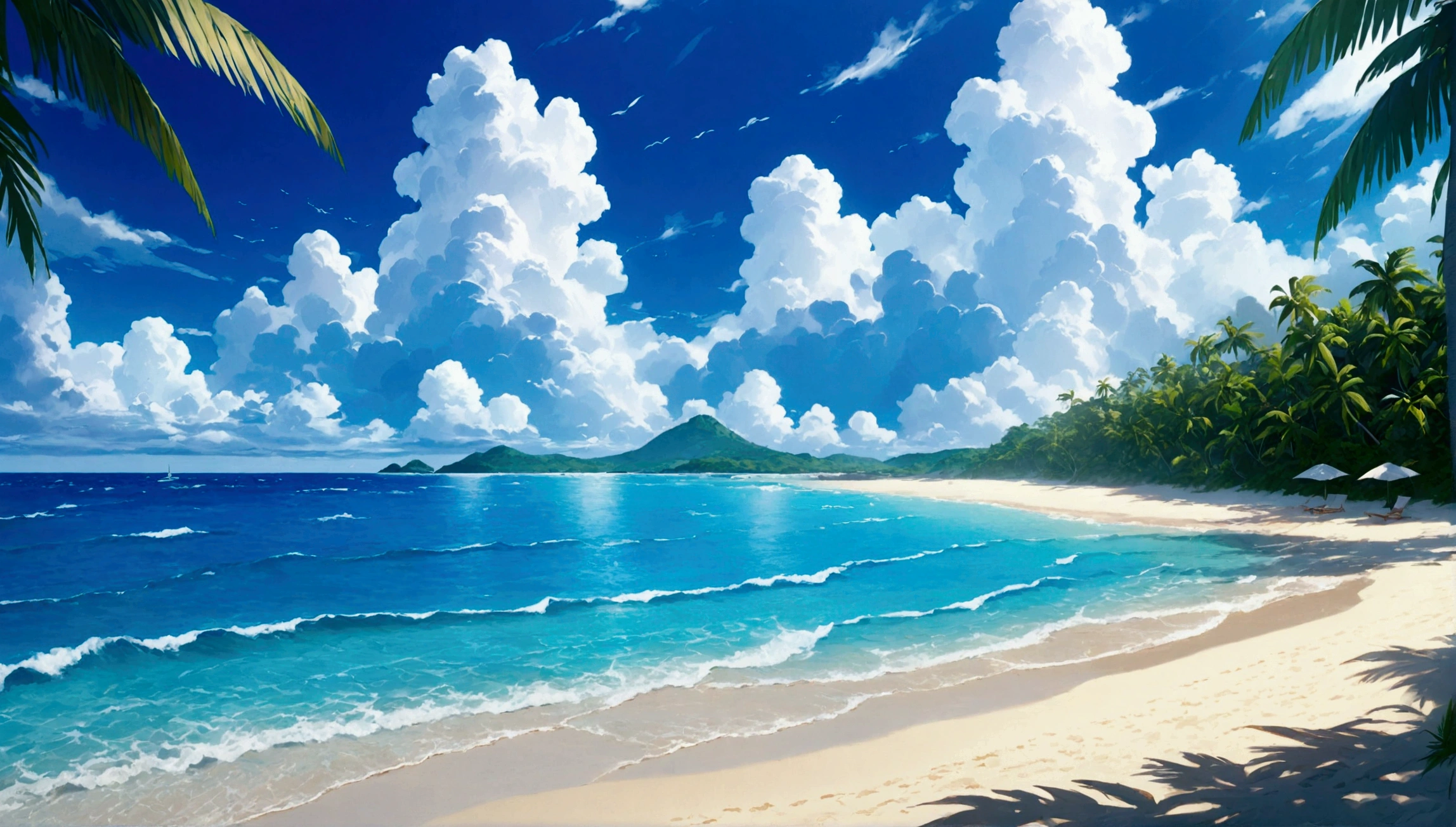 Tropical Beach,Summer Clouds,Daytime,Highest quality, 8k, High resolution, masterpiece:1.2, Very detailed, Realistic:1.37, High resolution, 超High resolution, Very detailed, Professional, Vibrant colors