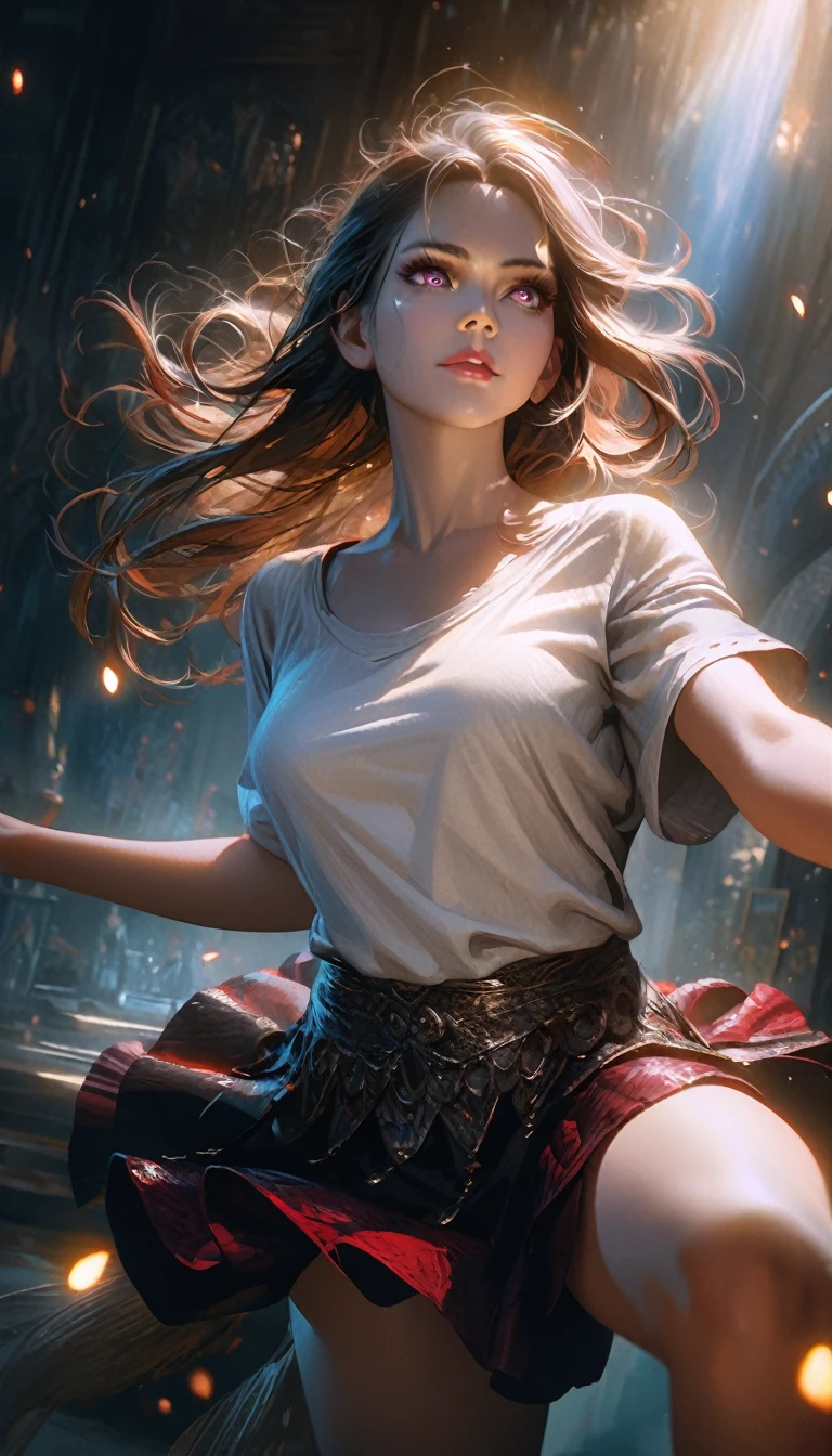 a sexy female dancer performing an erotic dance, wearing a short skirt and loose t-shirt, making elegant and sensual movements, beautiful detailed eyes, beautiful detailed lips, extremely detailed eyes and face, long eyelashes, oil painting, cinematic lighting, dramatic colors, volumetric lighting, chiaroscuro, rich textures, intricate details, photorealistic, 8k, best quality, masterpiece