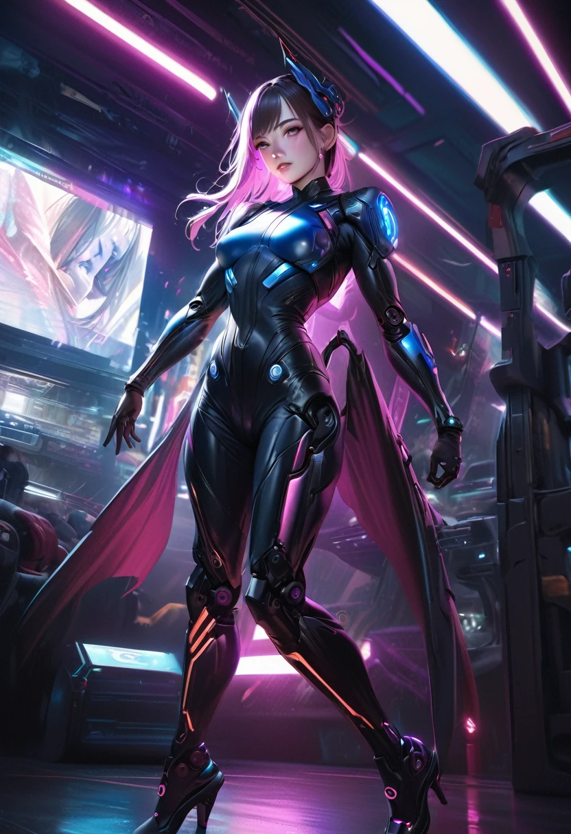 A beautiful girl in a futuristic qipao dress, high heels, with a mechanical body, gloves, and a tight bodysuit, a demon-like yet kind and beautiful expression, detailed face, realistic, photorealistic, masterpiece, 8k, ultra-detailed, sharp focus, vivid colors, dramatic lighting, science fiction, cyberpunk