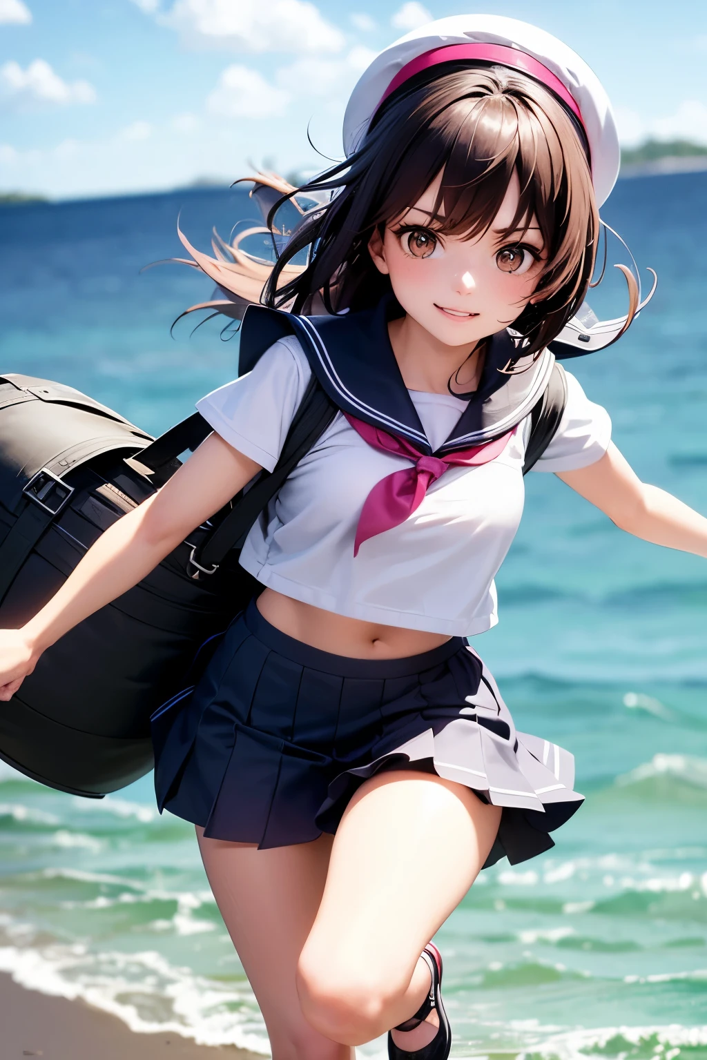 R,, Tall thin girl with a big chest, wearing a joyful smile, bouncy hair, and black eyes with pink highlights, dashes before us in a full-body view. She wears a sailor hat, a sailor uniform, and lacy panties peeking out from under her skirt, which is billowing in the wind as she runs. Her hair is flowing behind her as she sweatily carries a large Ruck sack. background across sea.
