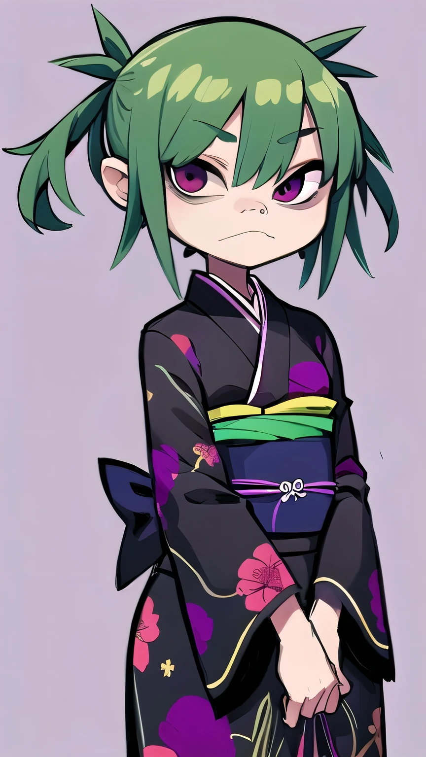 masterpiece, best quality, 1girl, solo, looking at viewer, green hair, twin tail, orange eyeballs, elegant, black kimono, bold lines, medium shot