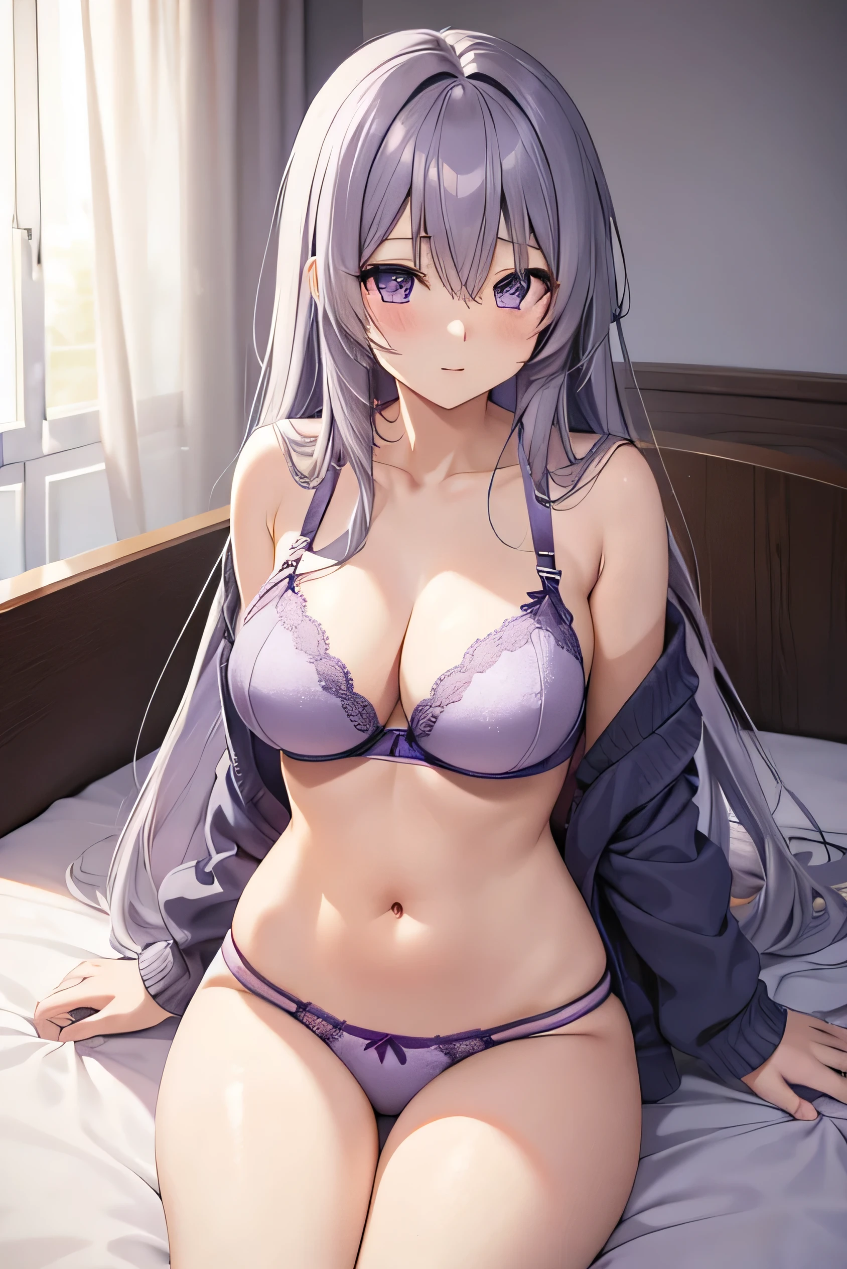 Adult Anime Girl 2d Long Hair Loose light Purple-Grayish, Age Adulthood adult, in sexy underwear lying over the bed in the night, medium size buubs