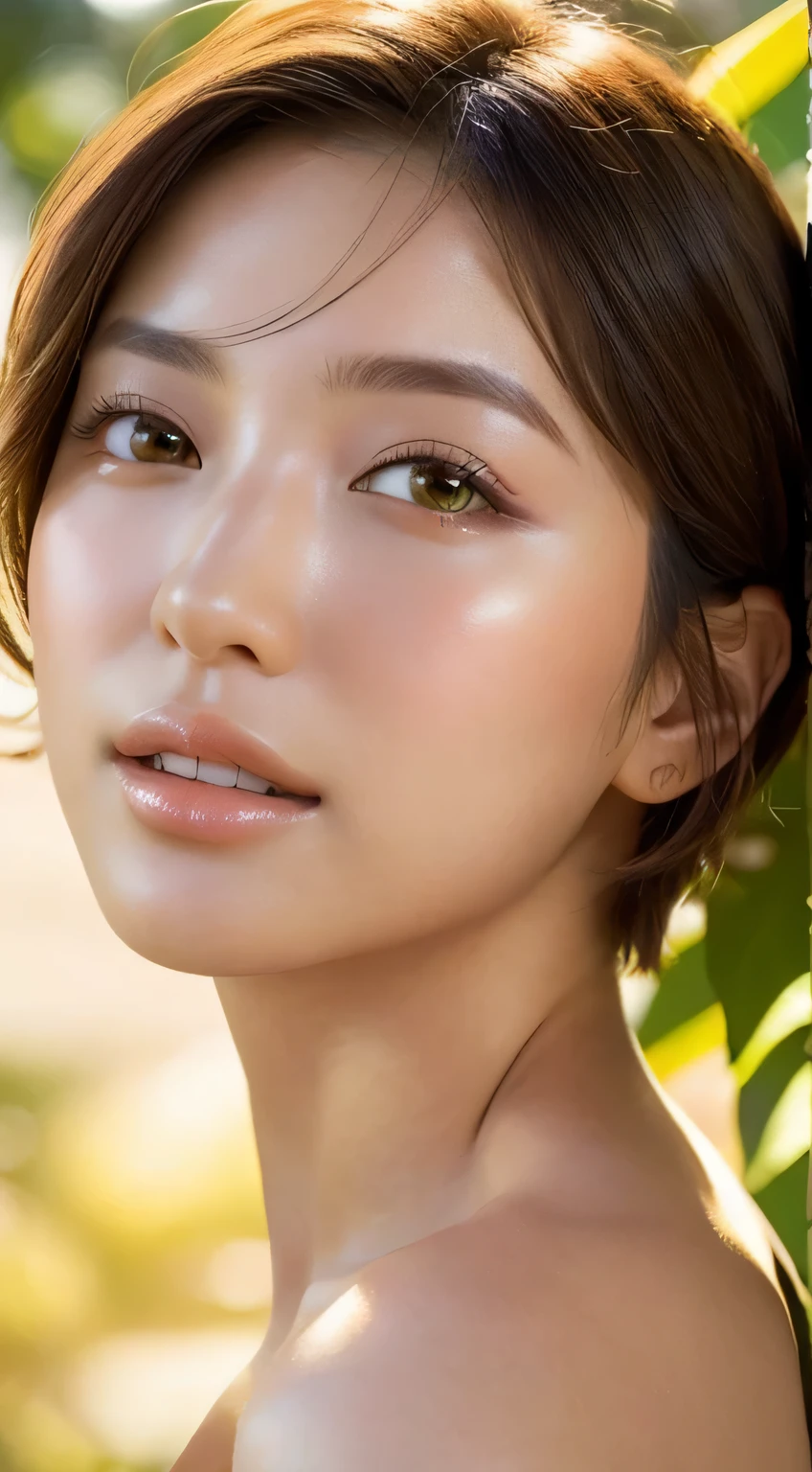 a beautiful girl with short hair, glowing skin, summer background, highly detailed face, long eyelashes, beautiful eyes, natural makeup, warm light, golden hour lighting, lush green foliage, flower petals, serene expression, elegant pose, photorealistic, 8k, ultra-detailed, masterpiece