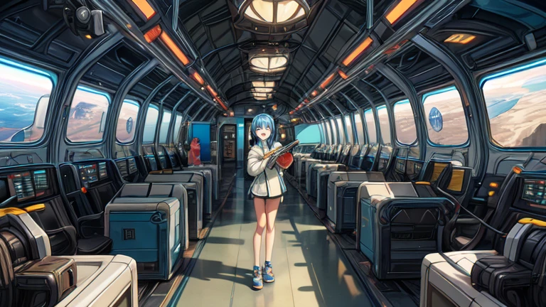 A girl , a little more mature, active and casually dressed, with medium-long ash blue hair and beautiful jade-colored almond eyes, about 125cm tall, a transit port to outer space, a spaceport lobby, there are a moderate number of people in the back, there is a check-in counter in the far right, and a planet can be seen beyond the window on the left, she is pulling a cart for a trip and standing there gazing out the window