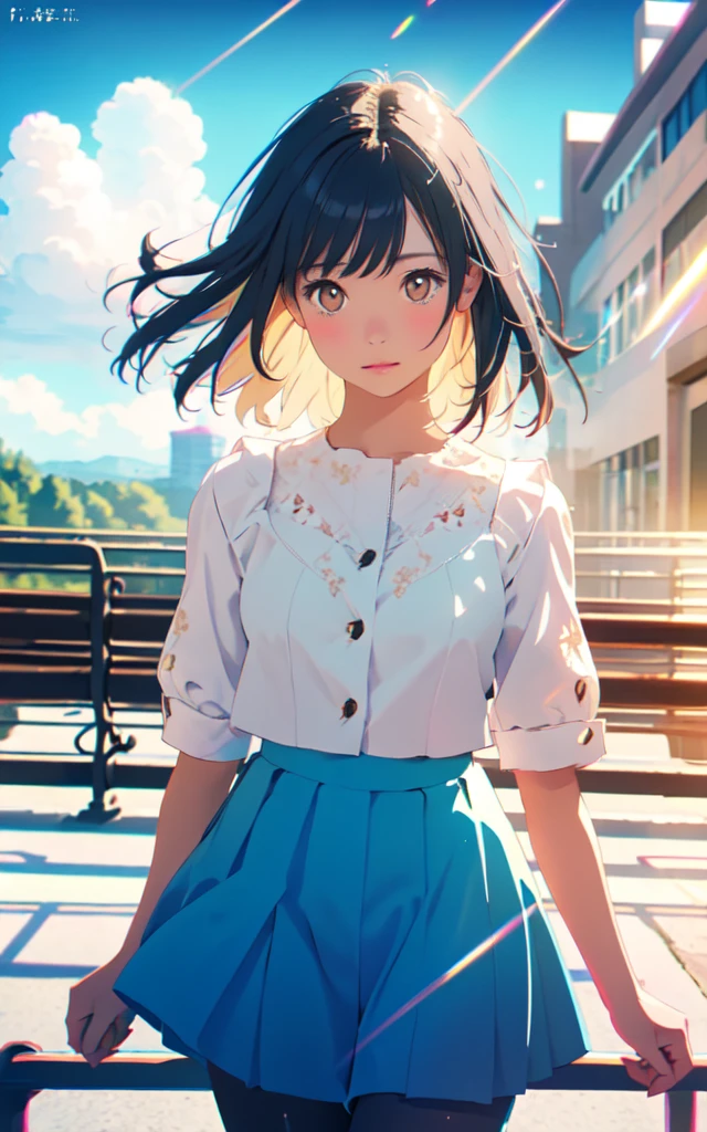 Front facing, facing this way、
Gal's more beautiful smile、
More cute casual summer outfits、Cute mini skirt、
More beautiful thighore beautiful colorful pantyhose、
Beautiful dark clouds, (Cowboy Shot:1.4), Beautiful and realistic,
Beautiful masterpiece, Beautiful and top quality, Beautiful backlight, (Lens flare:1.1), (bloom:1.1), (chromatic aberration:1.1)
flowerpunk