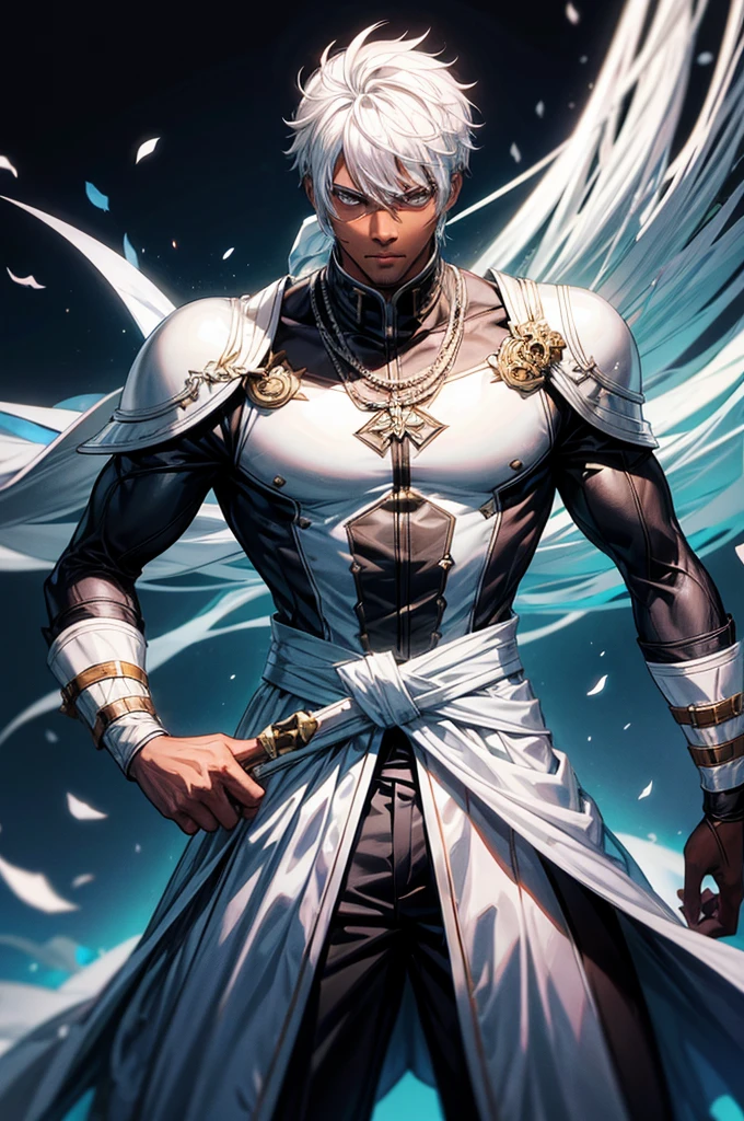 make a black man with a sword on his waist and white hair where he is in a battle pose 