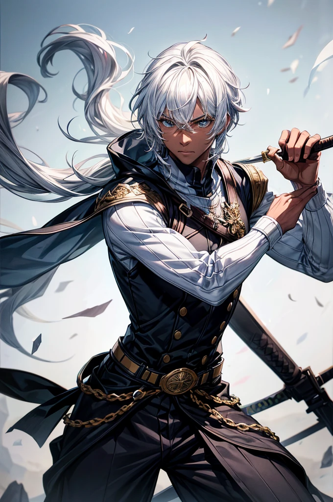 make a black man with a sword on his waist and white hair where he is in a battle pose