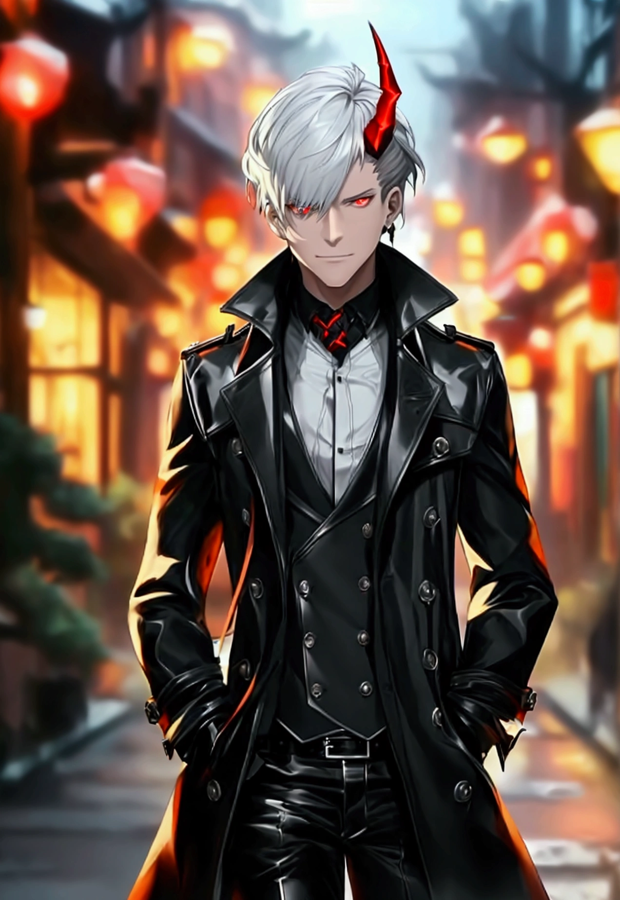 1man, tall, mature, pale, (red eyes, white hair, short hair, sideswept hairstyle, sharp curved red horns), town, night, (black canvas vest, red undershirt, black leather trench coat, black dress pants, black dress shoes, black fingerless gloves), cinematic lighting, dark moody atmosphere, dramatic shadows, gritty, chiaroscuro, gothic, (best quality,4k,8k,highres,masterpiece:1.2),ultra-detailed, smirk, walking, hands in pockets