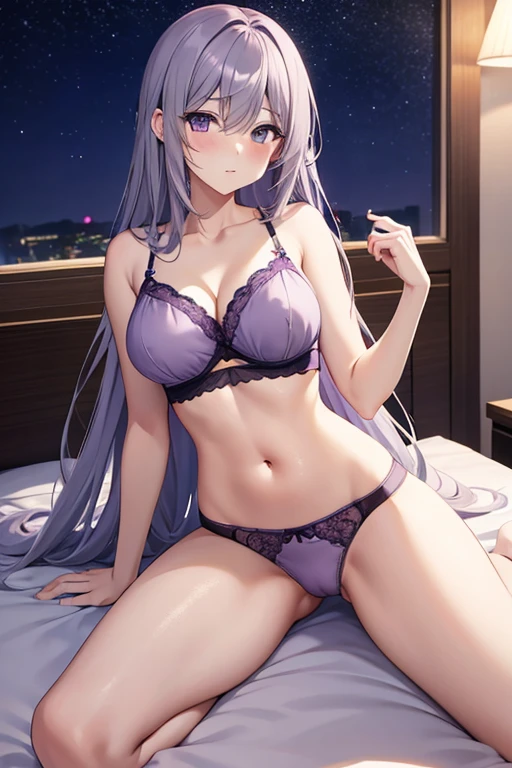 Adult Anime Girl 2d Long Hair Loose light Purple-Grayish, Age Adulthood adult, in sexy  underwear lying over the bed in the night, medium size buubs hot pose 4