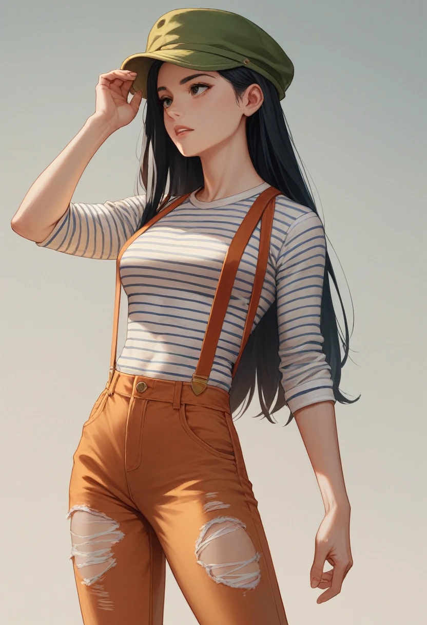 woman, slim, striped shirt, green hat, orange suspenders, khaki pants, ripped pants, black hair, long hair, 3d