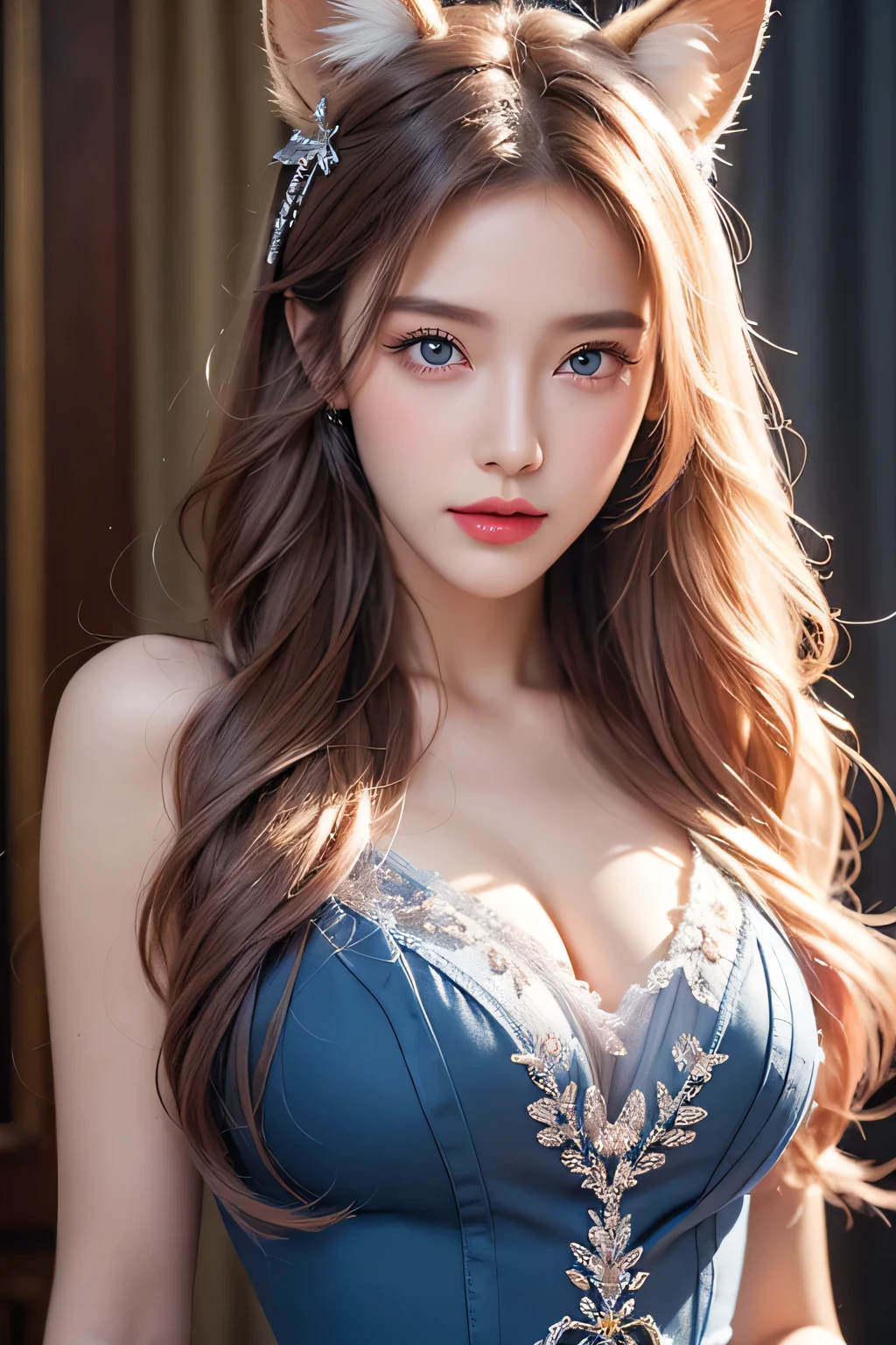 High-quality work,Realistic works,Super premium graphics,8K HD CG works,high quality graphics,High-definition and exquisite CG works,10x pixels,Ultra-fine details:1.1,Advanced technical details:1.1Realistic photo effects,Interior lighting effects:1.5,natural soft light:1.5. Light effect(Virtual light effects:1.8),Ultra-high resolution,shining dress,sliver long hair,silber hair,transparenthair,high detailed hair(Quality hair details:1.1)Clear eyes,Double eyelids look good,Sharp eye makeup, Create exquisite eyelash makeup, tthin eyebrows, Ultra-detailed eyes,a tall nose, lovely red lips, rosey cheeks, With delicate makeup on her face , pretty face, The face shape is perfectly proportioned,(Advanced facial details:1.1) Wearing a blue dress、pink haired woman,Fox ears,ice crystals,Ice World,Crystal clear,Blue eyes, ,Women's artwork,Dress full body video,Reality,Amazing Cleavage,My eyes are very bright today