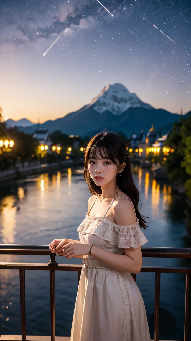 She stands on a moonlit balcony of a grand palace, overlooking a tranquil river and distant mountains under a starlit sky,massive k-cups.