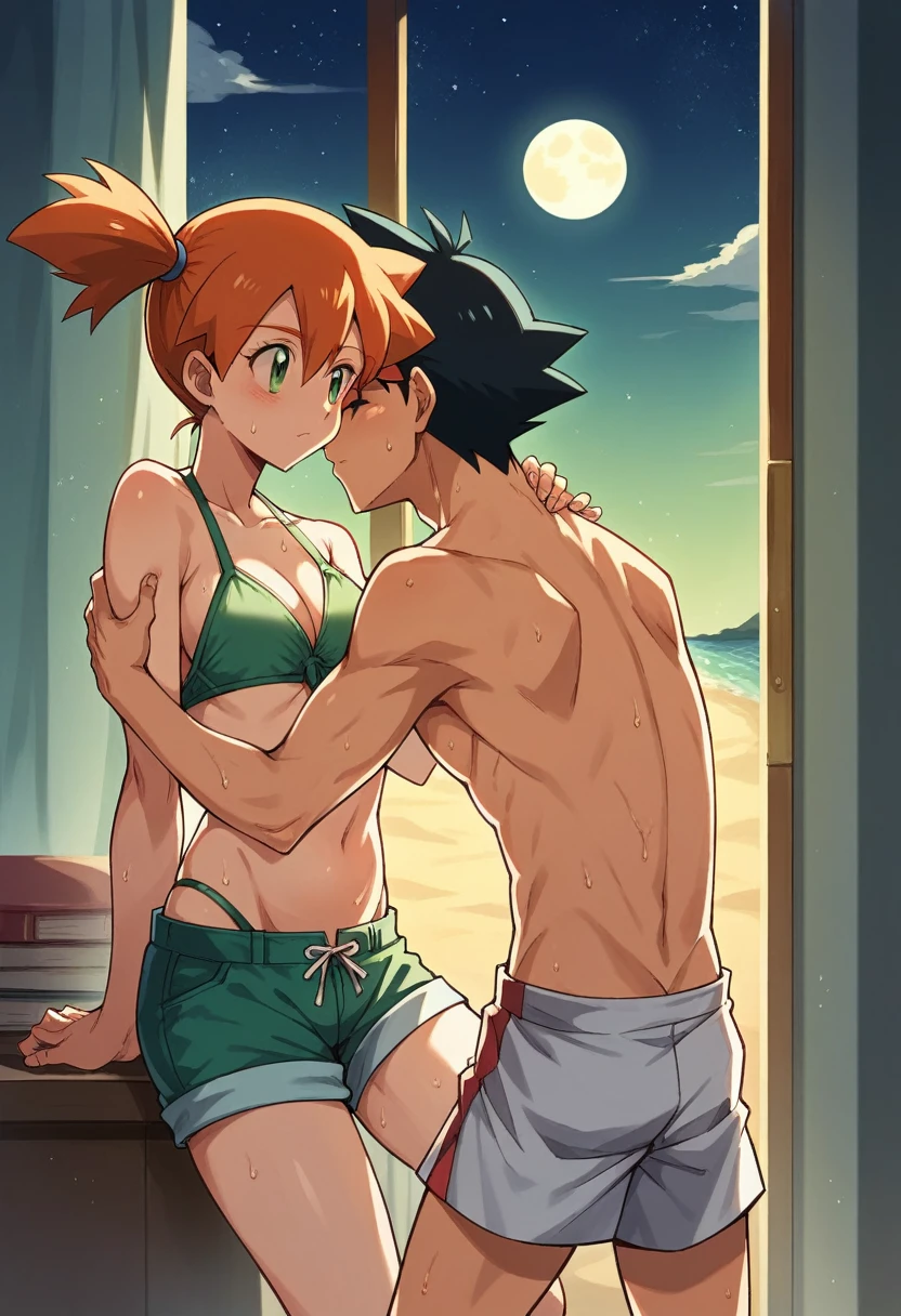 black hair, short hair, brown eyes, hair between eyes, ash ketchum, shirtless misty pokémon, orange hair, green eyes, side ponytail, masterpiece photograph of beautiful 18 year old couple naked, having sex, penetration, in the hot springs, at night, wet bodies