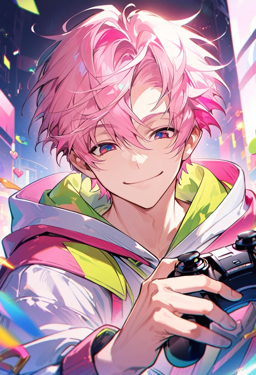 amazing, alone, 1 male, super short hair, pink hair, Smiling face, (white hood), (jeans), (((sharp eyes))), (((small smile))), (((closed mouth))), Gamepad in hand, standing